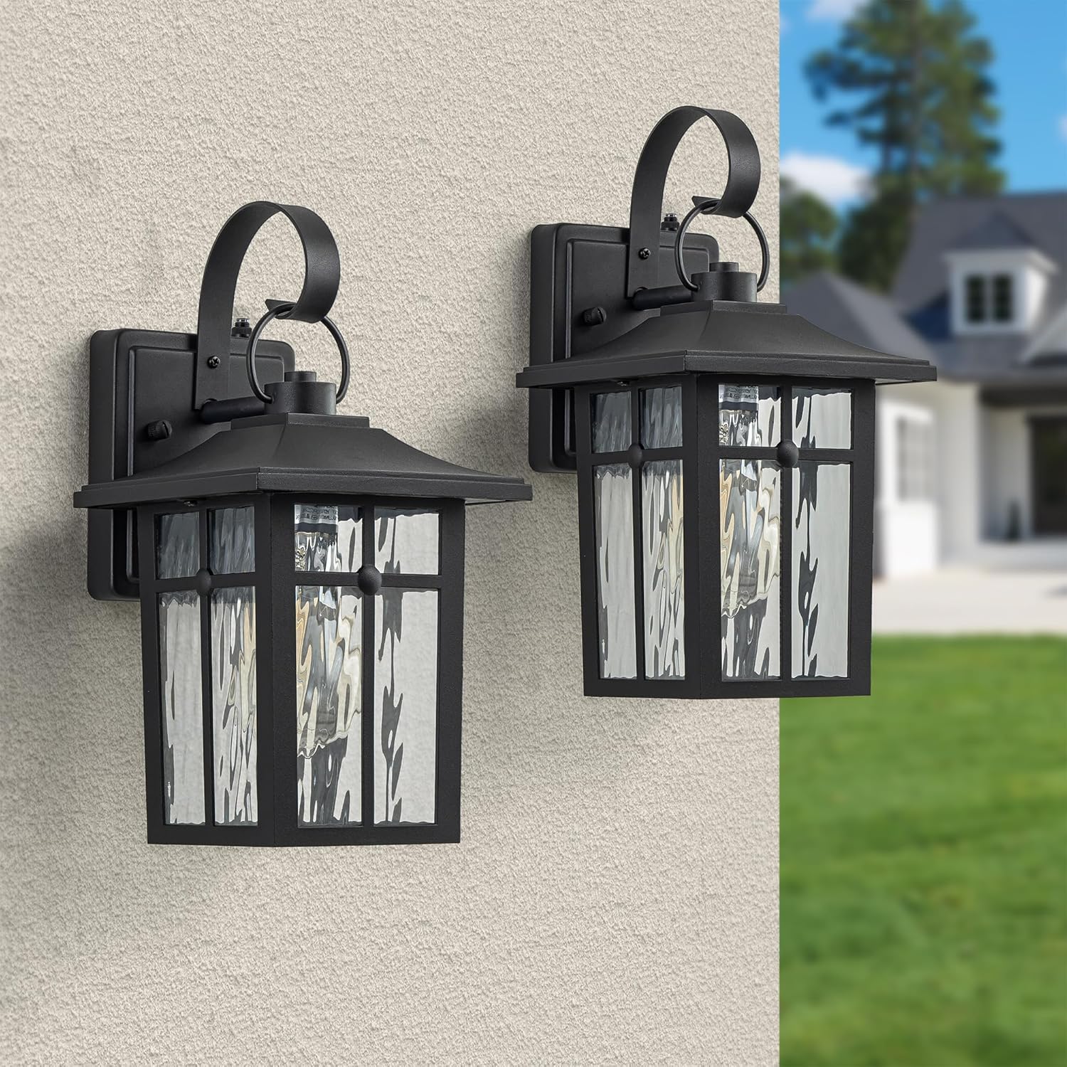2 Pack Dusk to Dawn Outdoor Wall Lights, Aluminum Exterior Light Fixtures Wall Mount with Ripple Glass, Waterproof Black Porch Lights, Outside Wall Lantern for Entryway, Garage, Patio