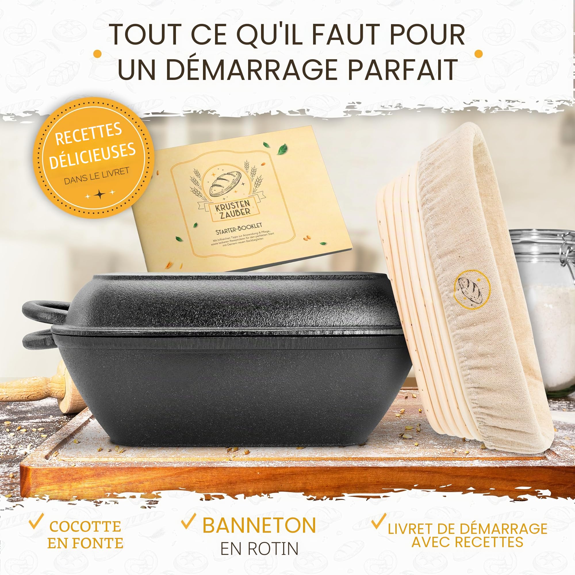 KRUSTENZAUBER Cocotte en fonte avec couvercle - Passe au four [avec panier de fermentation] - 28 cm de long en fonte - Idéal comme moule de four, casserole à induction