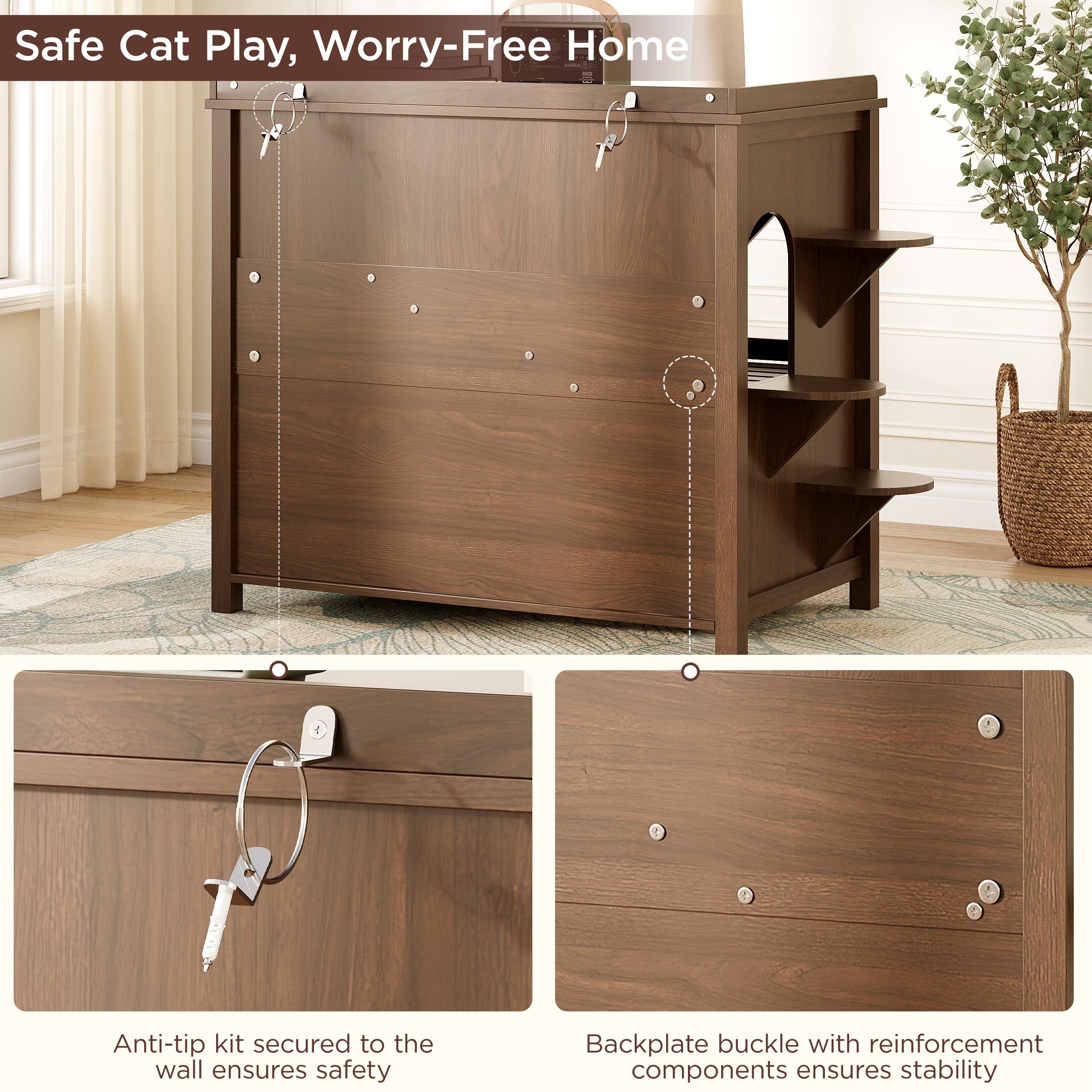 Large Litter Box Enclosure with Sisal Scratch Post, Multi-Level Climbing Route, Cat Litter Box Furniture with Glass Door, Farmhouse Hidden Litter Box Cabinet, Cat Box Enclosure, Walnut - image 8