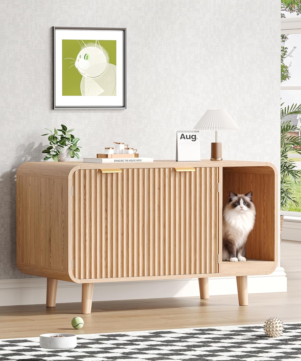 Fluted Cat Litter Box Enclosure with Solid Wood Legs, Hidden Cat Litter Cabinet, Modern Cat House Furniture, Reduce Litter Tracking, 31.5 x 19.7 x 22 Inches, for Living Room, Bedroom, Oak