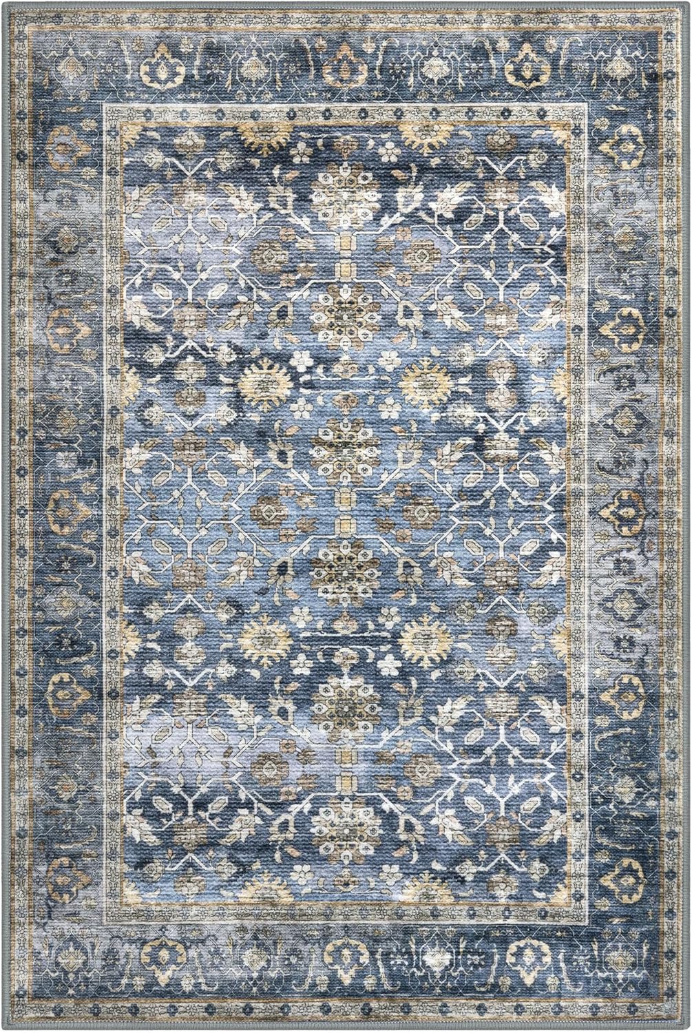 KUTA Vintage 2x3 Rugs for Entryway, Non-Slip Washable Kitchen Rugs & Indoor Door Mat with Floral Print, Blue Grey Beige Ultra Thin Soft Low-Pile Throw Rug for Front Door, Bedside, Small Spaces