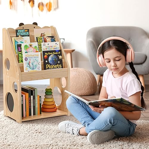 Miniatura 15 de Estantería Montessori para niños, estantería de madera natural con pizarra y almacenamiento, estante para revistas para niños, organizador de