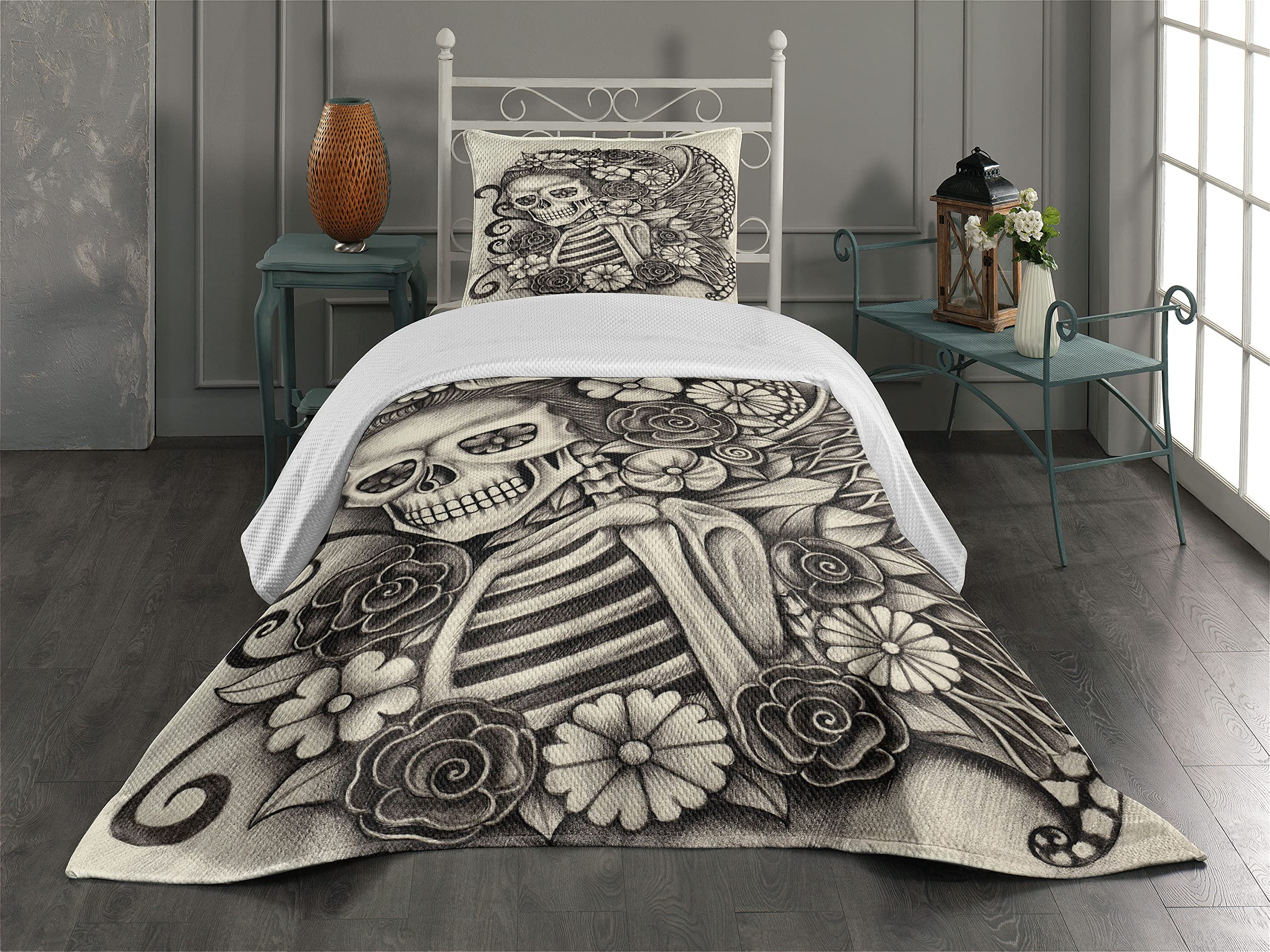 Lunarable Day of The Dead Coverlet, Spanish Mexican Festival Theme Skeleton Girl with Flowers Print, 2 Piece Decorative Quilted Bedspread Set with 1 Pillow Sham, Twin Size, Dimgrey Beige