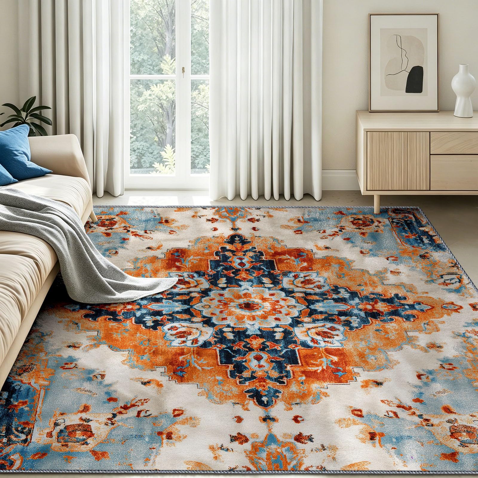 Generisch Tappeto per soggiorno, 80 x 150 cm, motivo vintage retrò, multicolore, a pelo corto, morbido, antiscivolo, lavabile, per camera da letto, sala da pranzo, ufficio, corridoio