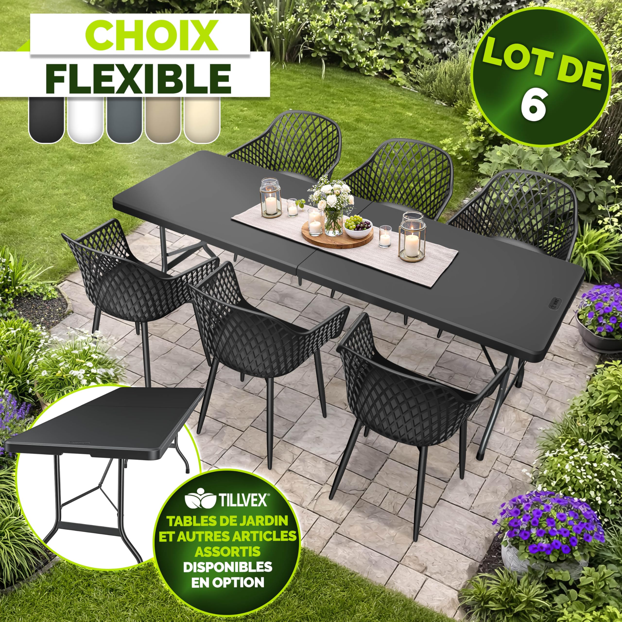 tillvex Lot de 6 chaises de jardin, résistantes aux intempéries, avec accoudoirs, charge maximale : 120 kg, résistantes aux UV, pour terrasse, balcon, extérieur, jardin