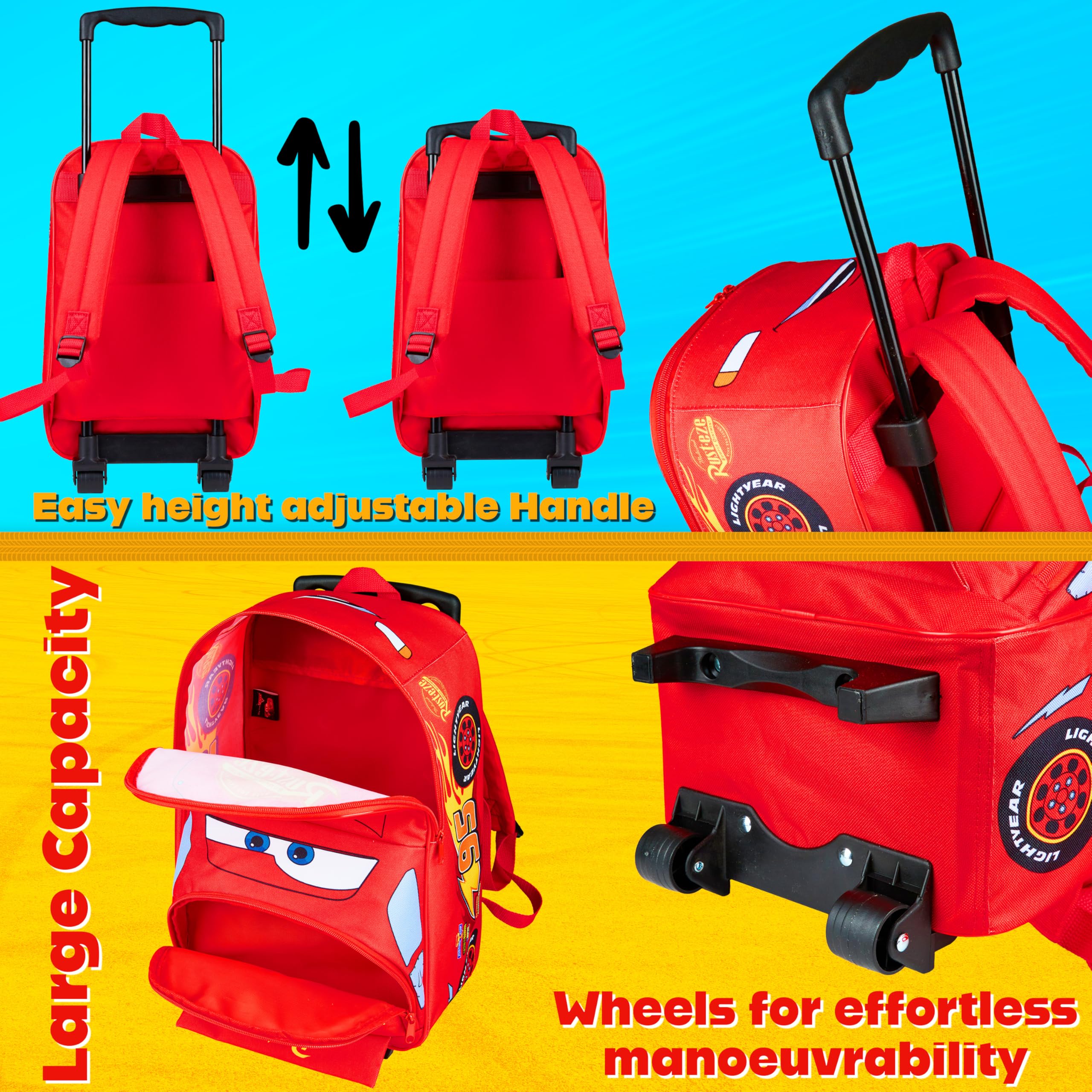Disney Cars Flash Mcqueen Sac a Dos Roulette, 2 en 1 Sac à Dos et Trolley, Valise Cabine avec Fermeture Eclair, École, Sport ou Voyage, Cadeau Enfant (Rouge Lightning Mcqueen)