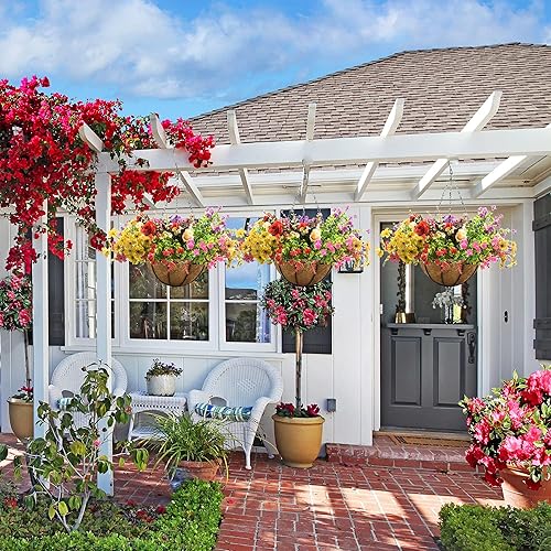 Miniatura 3 de Qusuxi Paquete de 4 cestas colgantes de 14 pulgadas para plantas al aire libre, macetas colgantes de metal con forro de fibra de coco, cadena de