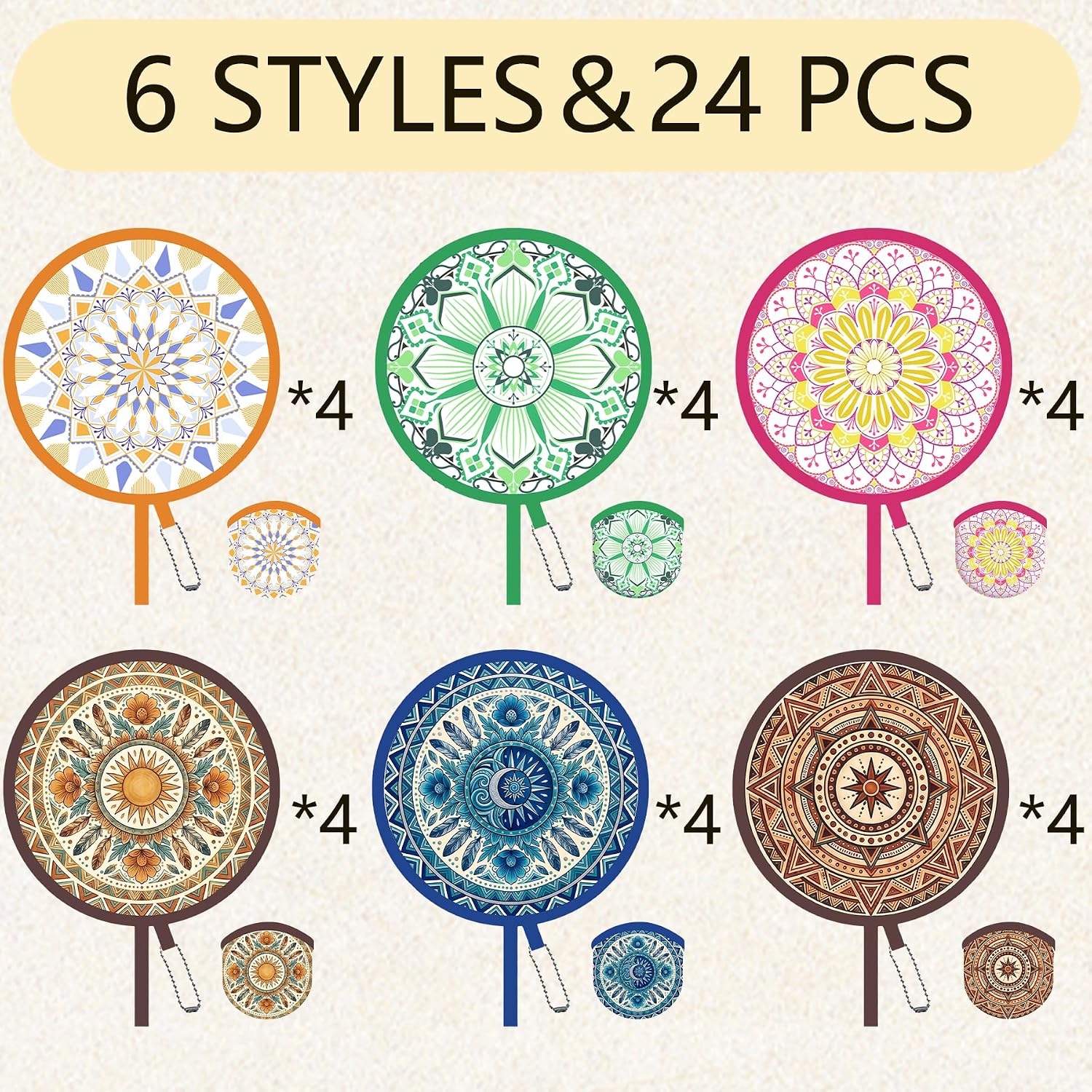 24 Pcs Boho Mandala Foldable Hand Fans, 6 Celestial Styles (Classic) thumbnail
