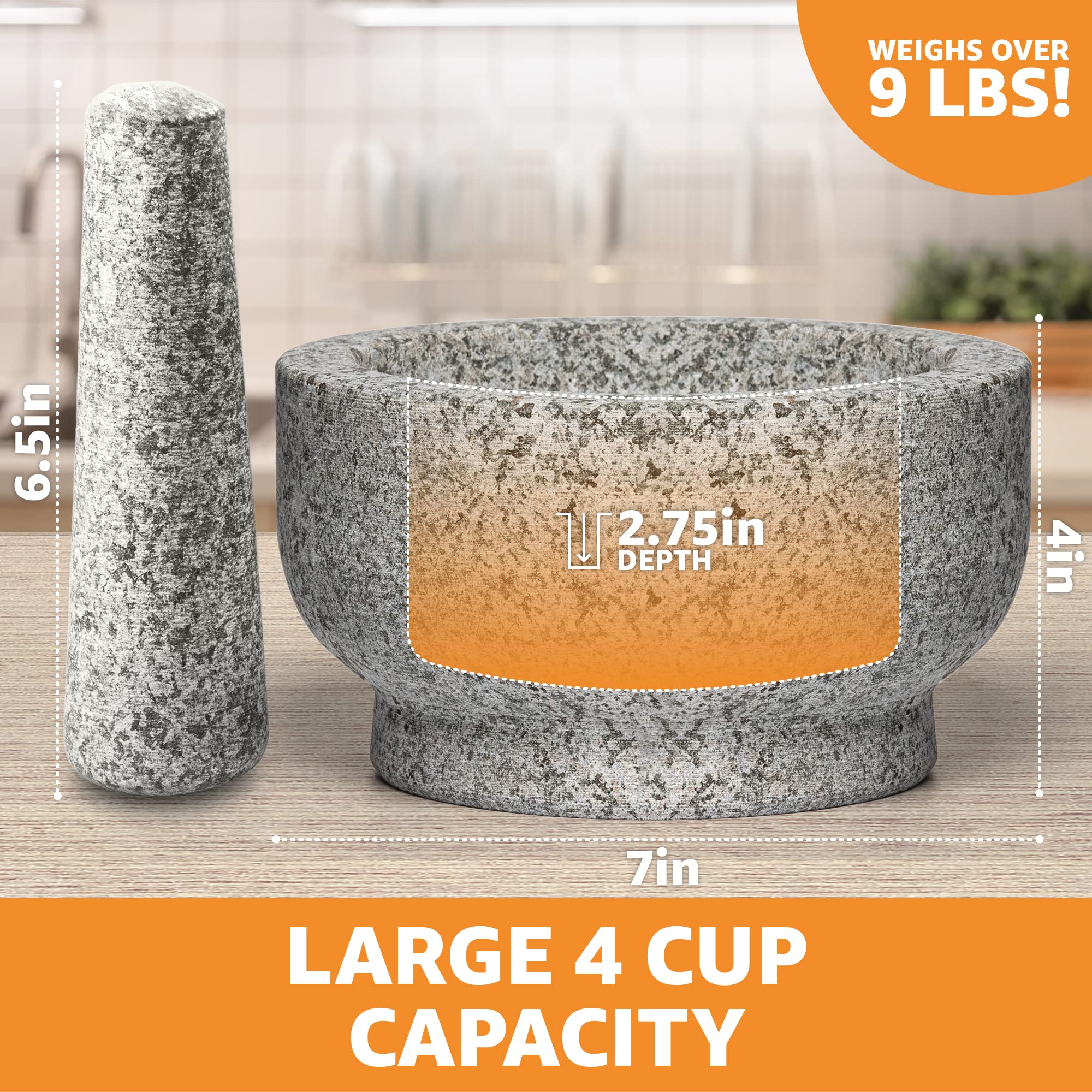 Heavy Duty Natural Granite Extra Large Mortar and Pestle Set, Hand Carved, Make Fresh Guacamole at Home, Solid Stone Grinder Bowl, Herb Crusher, Spice Grinder, 7" Wide, 4 Cup, Grey