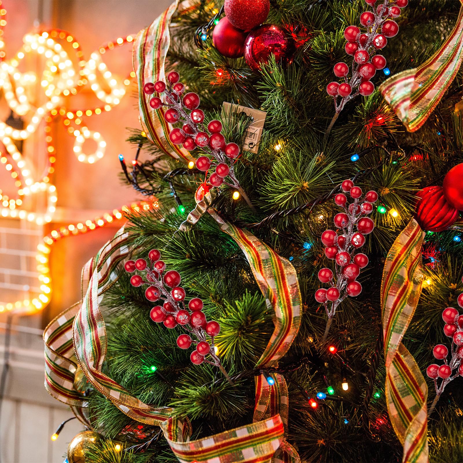 Oairse 20pcs Christmas Berry Stem Glitter Artificial Berries Picks Artificial Fruits Picks Red Berry Branches for Christmas Tree Decorations Floral Arrangement Bouquet Filler for Home Wedding - Image 3