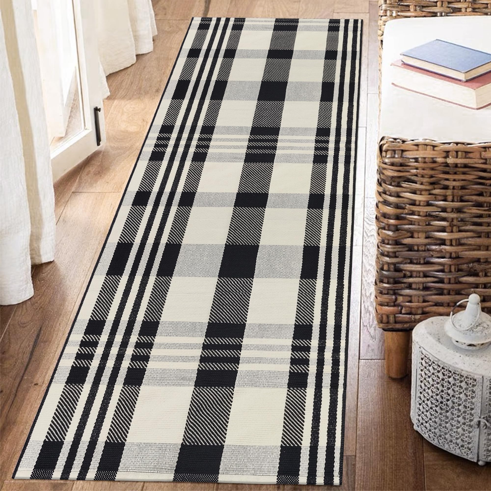 Aoczes Buffalo Plaid Runner Rug Black and Off White 2x6 Hallway Runner Rug Cotton Woven Rug Farmhouse Checkered Runner Rug Washable Runners for