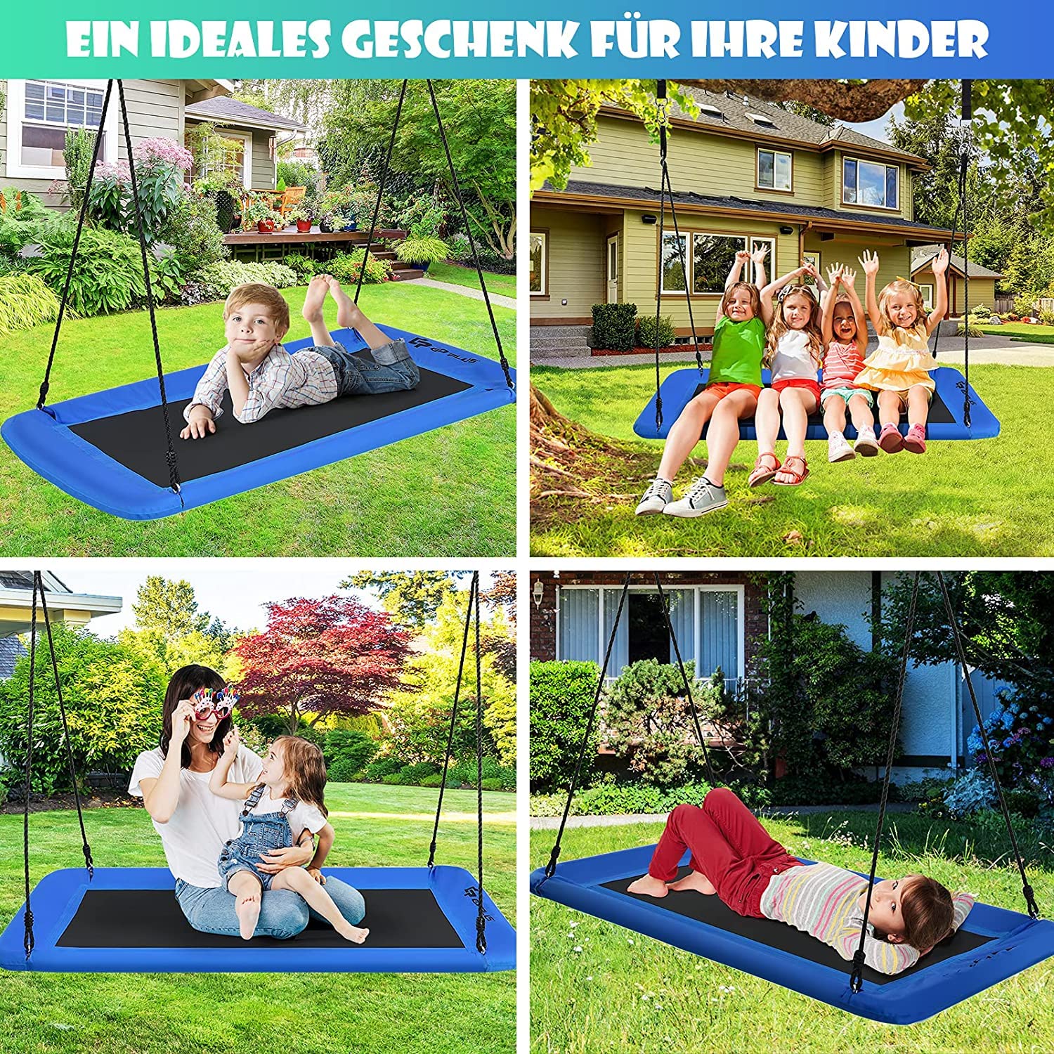 DREAMADE Nestschaukel, 100-180 cm höhenverstellbar, Baumschaukel bis 150 kg belastbar, Tellerschaukel für Innen & Außenbereich, Gartenschaukel für Kinder & Erwachsene, 150 x 80 cm (Blau)