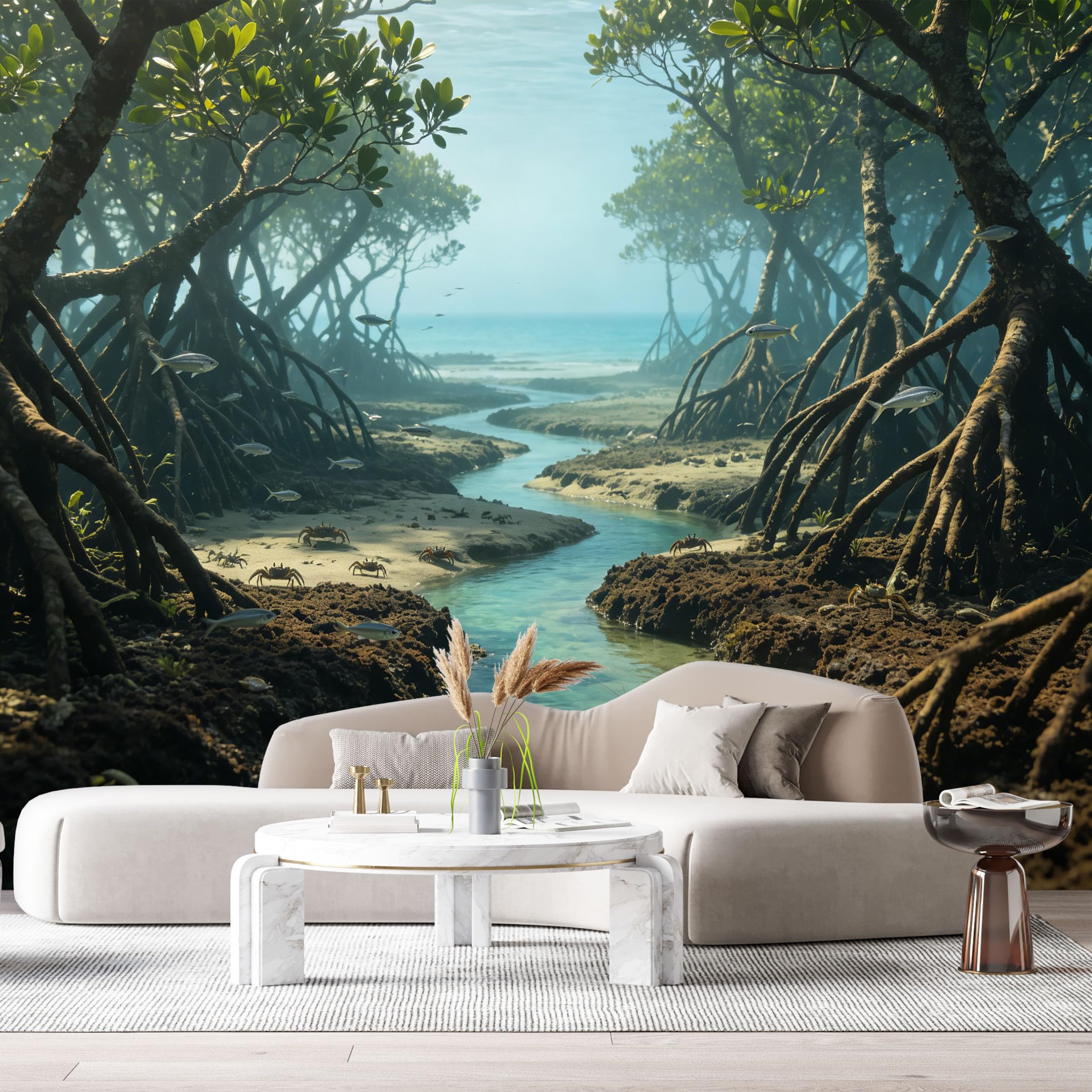 Custom Size Wall Murals Tropical Coastal Landscape Mangrove Forest Ocean Marine 3D Trompe L'Oeil SelfAdhesiveWall Fabric Removable Wallpaper Wall Decor for Living Room Bedroom Bathroom