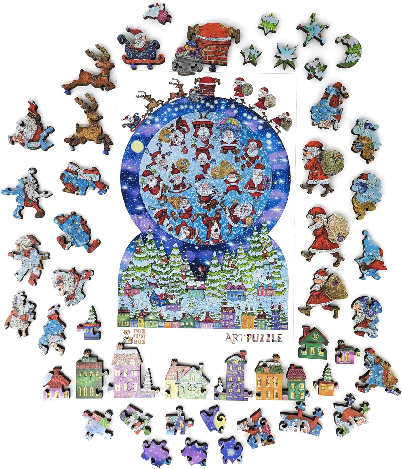Wooden Jigsаw Puzzle for Adults - Uniquely Shaped Pieces - Made in The USA by FoxSmartBox - 340 Pieces - Santa Snow Globe