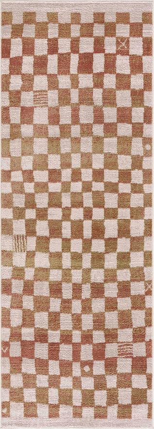 BoutiqueRugs Benjy Modern Checkered Oversized Area Rug - Contemporary Geometric Carpet for Living Room, Bedroom, Kids Room, Nursery - Cream, Somon, Rust - 8'10" x 12' (9x12)