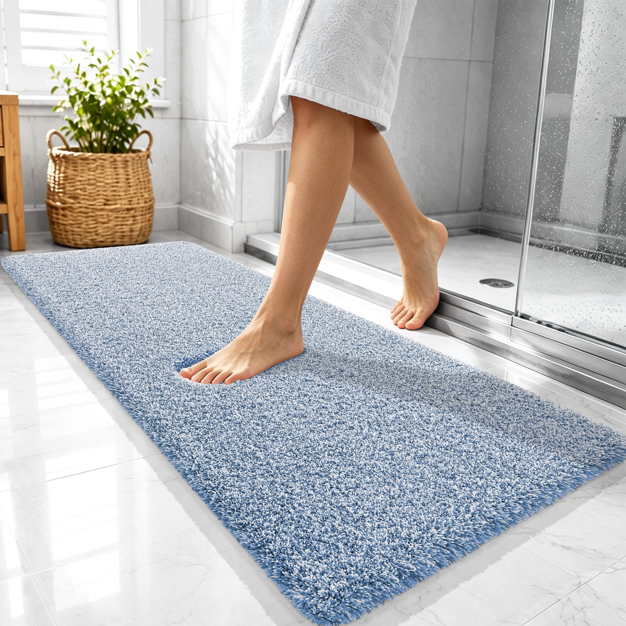 OLANLY Microfiber Soft Bathroom Rugs Mats 47x20, Cornflower Blue and White