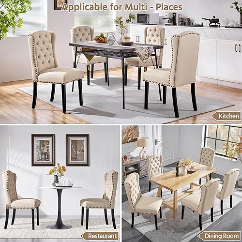 Miniatura 5 de Yaheetech Juego de 2 sillas de comedor tapizadas con botones copetudos con patas de madera maciza y adornos de cabeza de clavo para comedor, sala