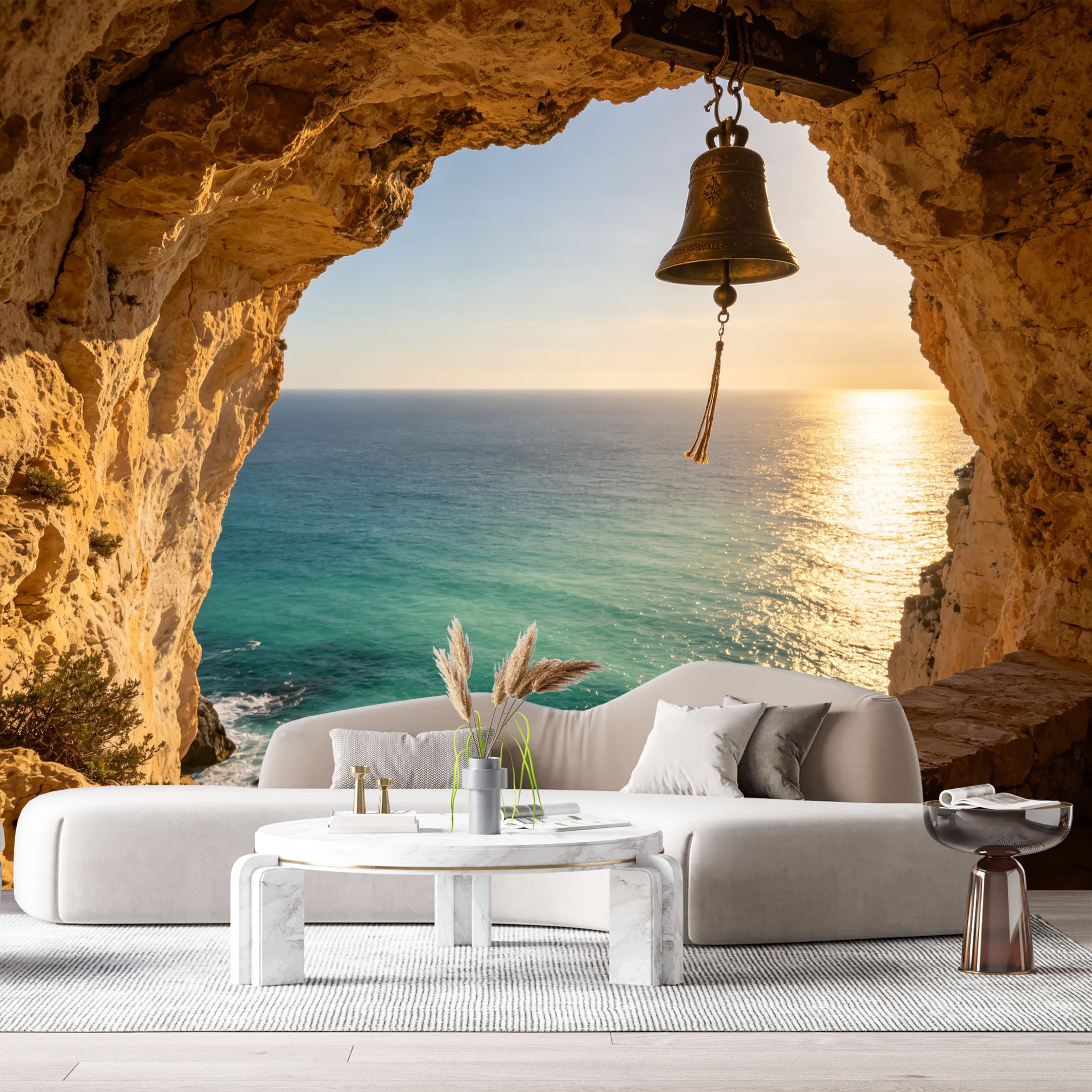 Custom Size Wall Murals Coastal Marine Landscape 3D Trompe L'Oeil Antique Bell Stone Cave Ocean View SelfAdhesive Wall Fabric Removable Large Wallpaper for Photo Living Room