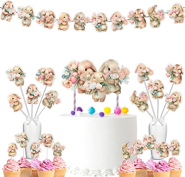 Easter Bunny Baby Shower and Birthday Party Supplies Set - Banner, Centerpieces, Cupcake Toppers, Cake Topper