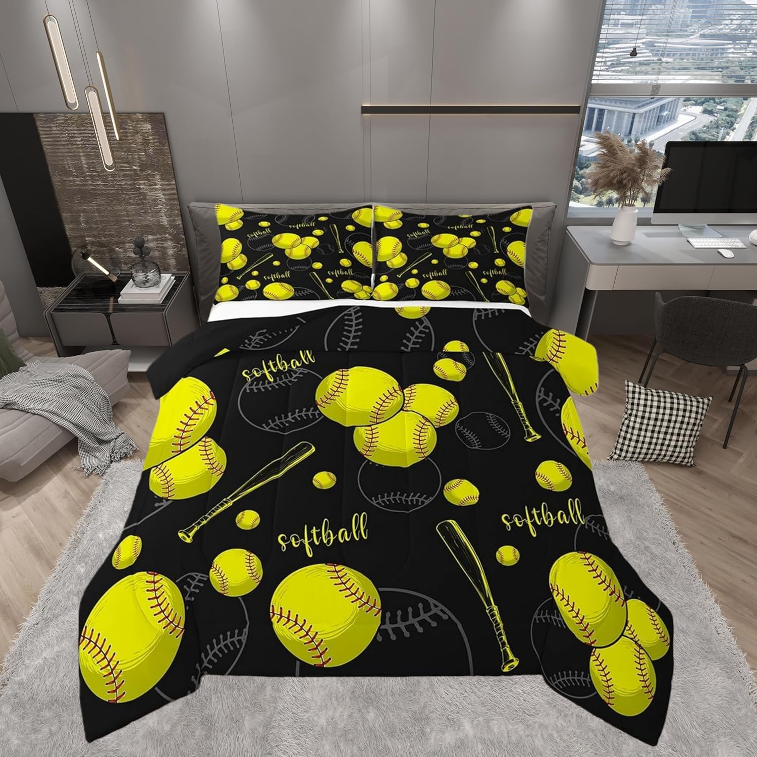 Castle Fairy 3D Softball Sports Full Size Comforter Set,Black White Softball Bedding Set for Adults Teens,Children Softball Bat Comforter Luxury Cartoon Style Quilt Set Room Decor 3Pcs