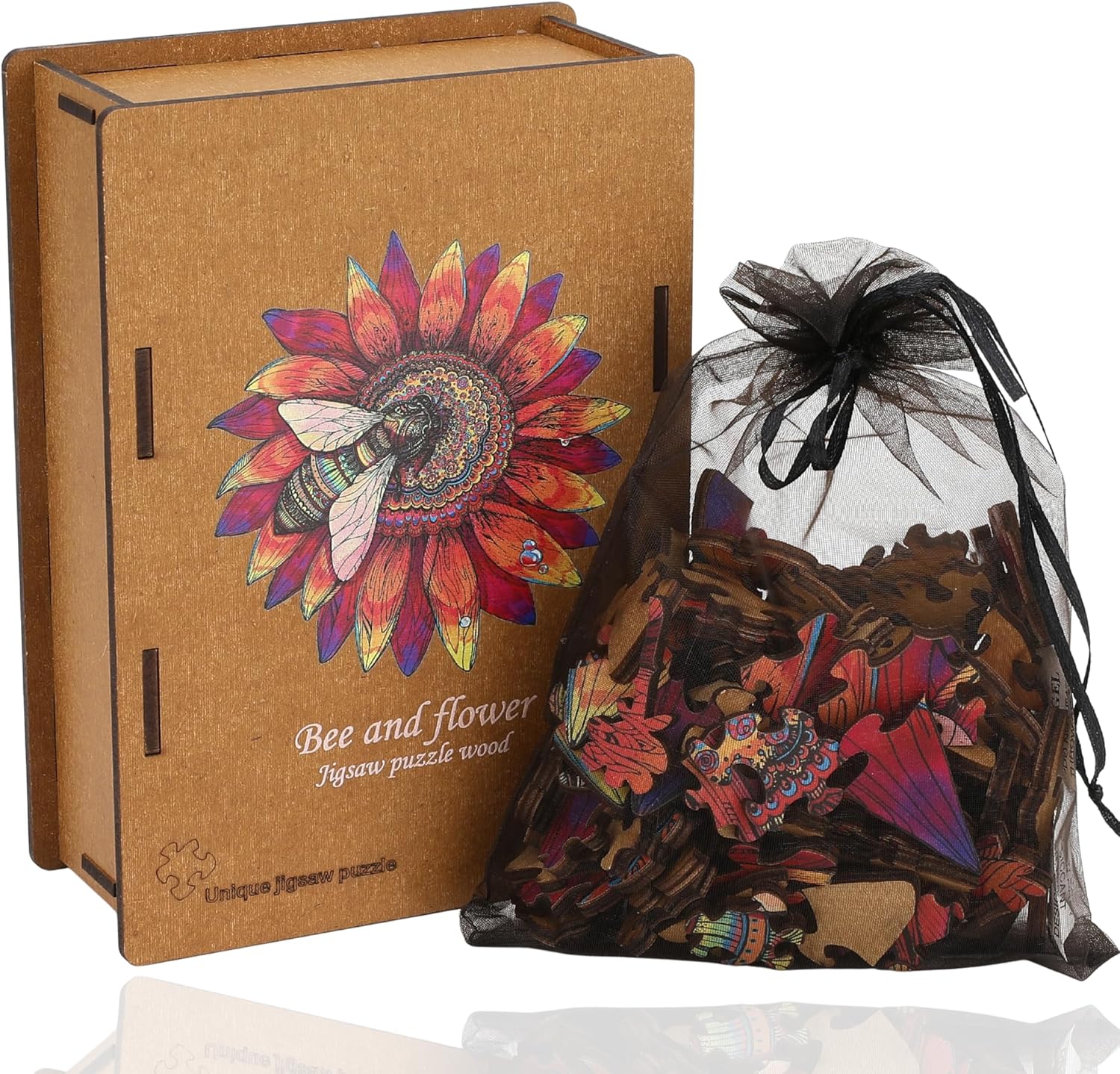 Bee on Sunflower Wooden Jigsaw Puzzle for Adults, 12x12 Inch Eco-Friendly Plywood Puzzle with Unique Whimsy Pieces, Brain Boosting Nature Game, Frameable Wall Art in Premium Gift Box