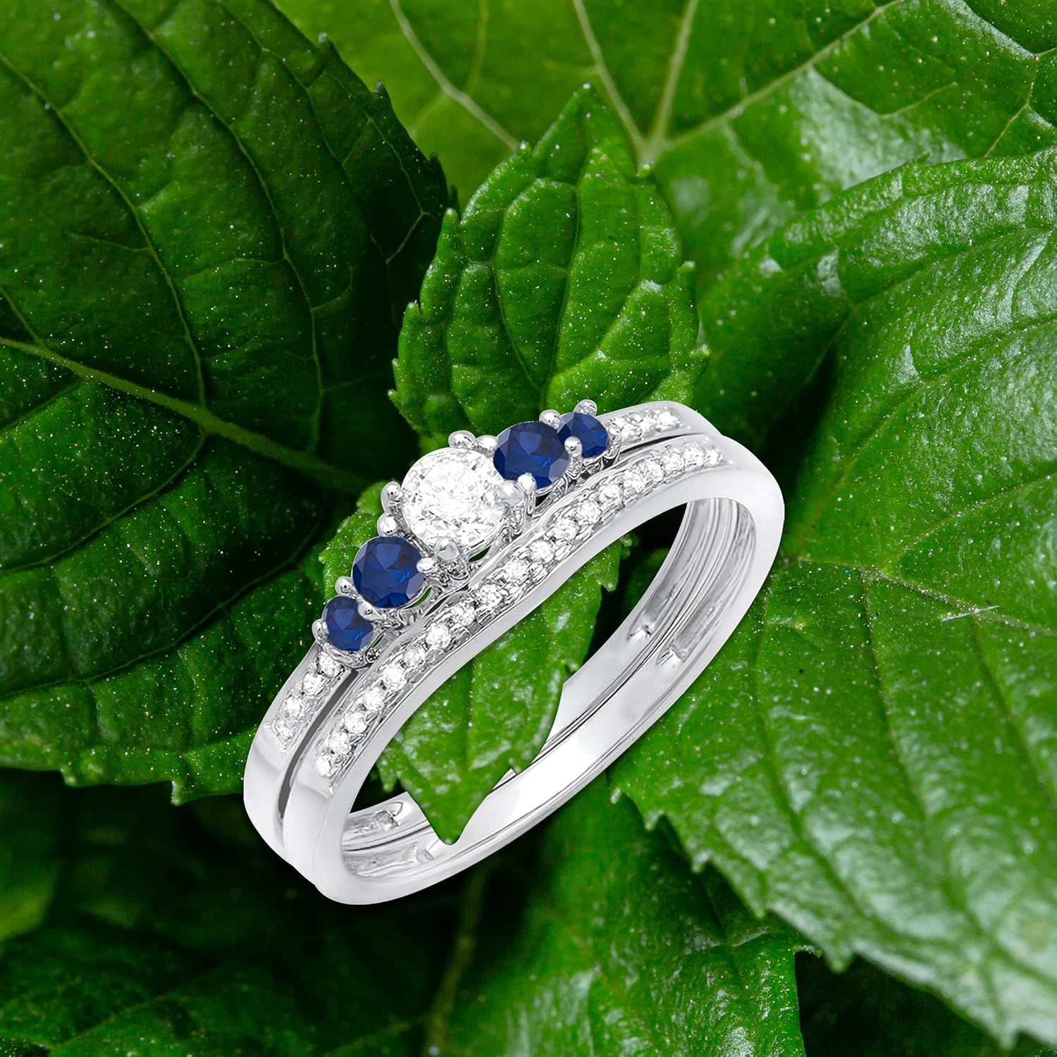 Dazzlingrock Collection Round Blue Sapphire & White Diamond Womens 5 Stone Bridal Engagement Band Set, Available in Metal 10K/14K/18K Solid Gold