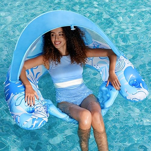 SLOOSH Flotadores de piscina con toldo para adultos, sillas inflables XL con portavasos para adultos, flotadores inflables con reposacabezas para
