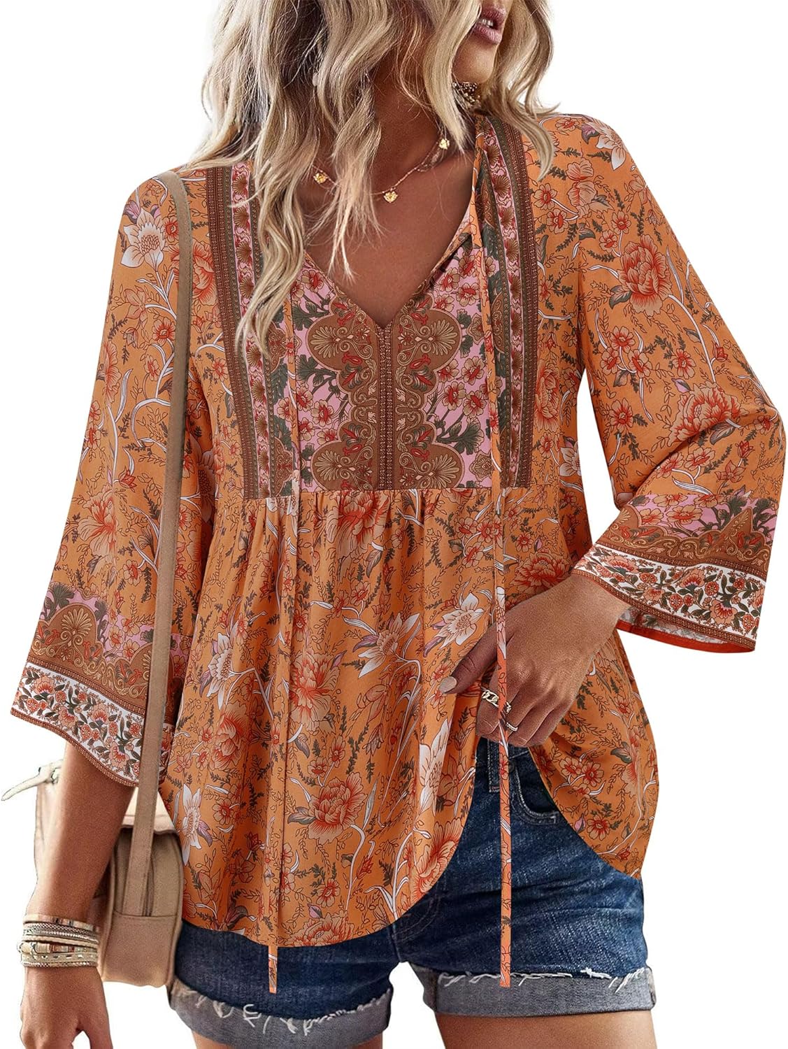 Unixseque Summer Boho Womens Tops Floral Print Dressy Casual V-Neck Tie Front Trendy Fall 3/4 Sleeve Blouses - Image 2