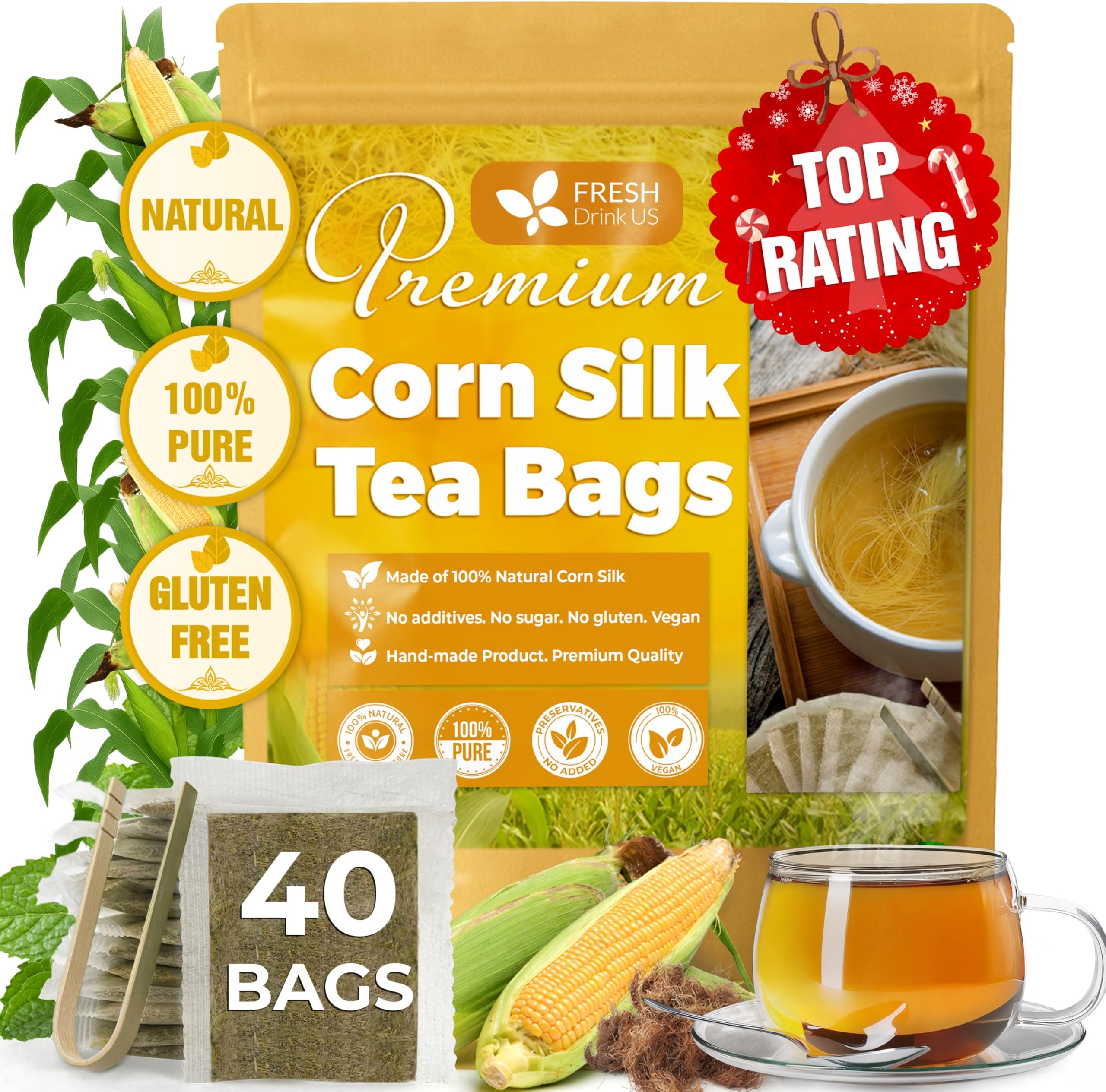 Premium 40 Tea Bags Corn Silk Tea, 100% Natural & Pure from Corn Silk. Corn Silk Herbal Tea. Clean Ingredients. Made with Natural Material Tea Bags. No Sugar, No Caffeine, Vegan.