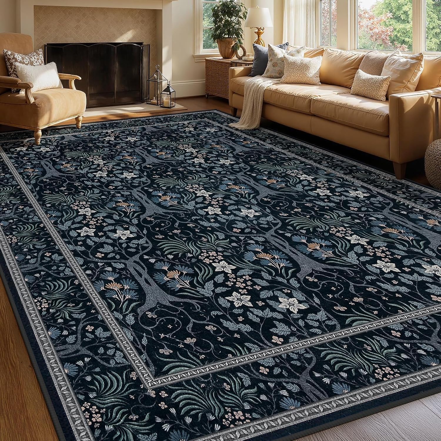 Tapis de salon bleu noir antidérapant grand tapis lavable floral