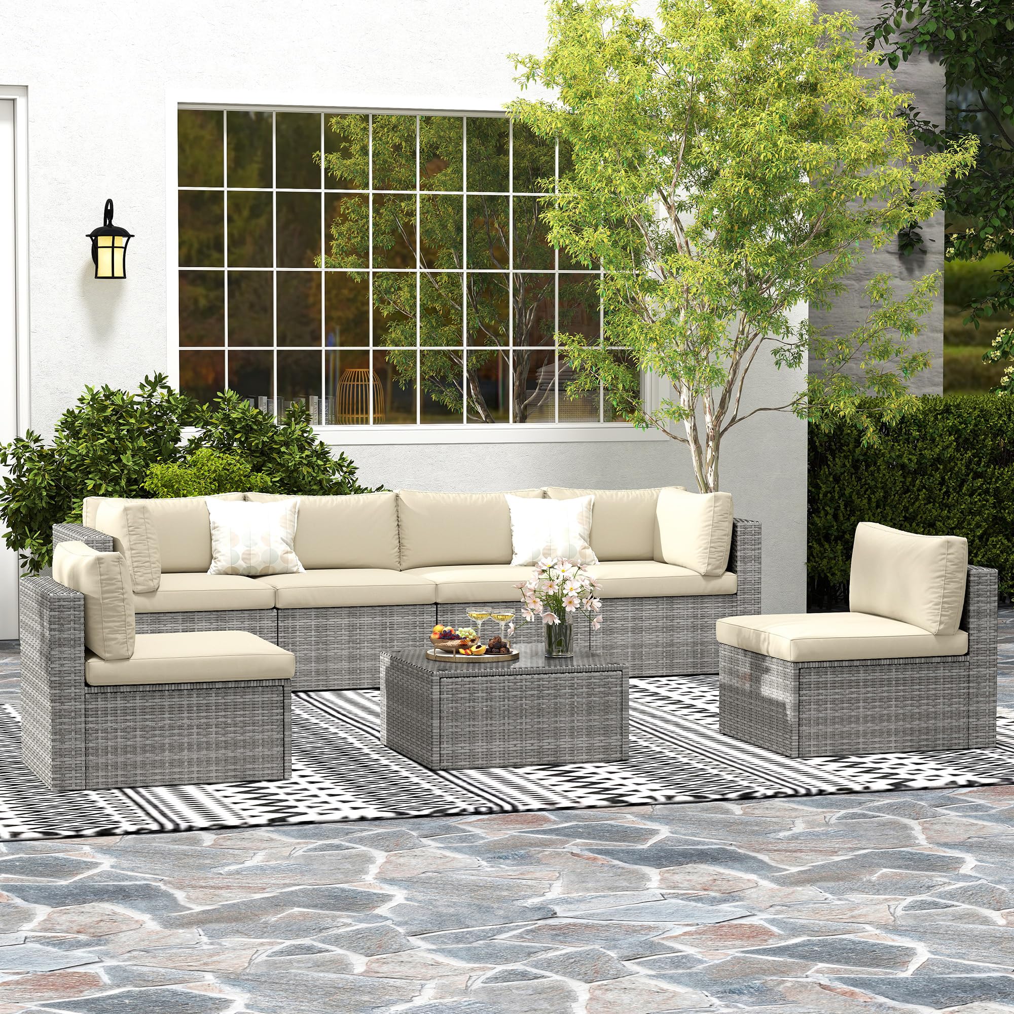7 Pieces Outdoor Patio Furniture Sets with Glass Tea Table, PE Rattan Wicker Patio Conversation Set with Washable Cushions, Outdoor Patio Sectional Sofa Couch, Beige