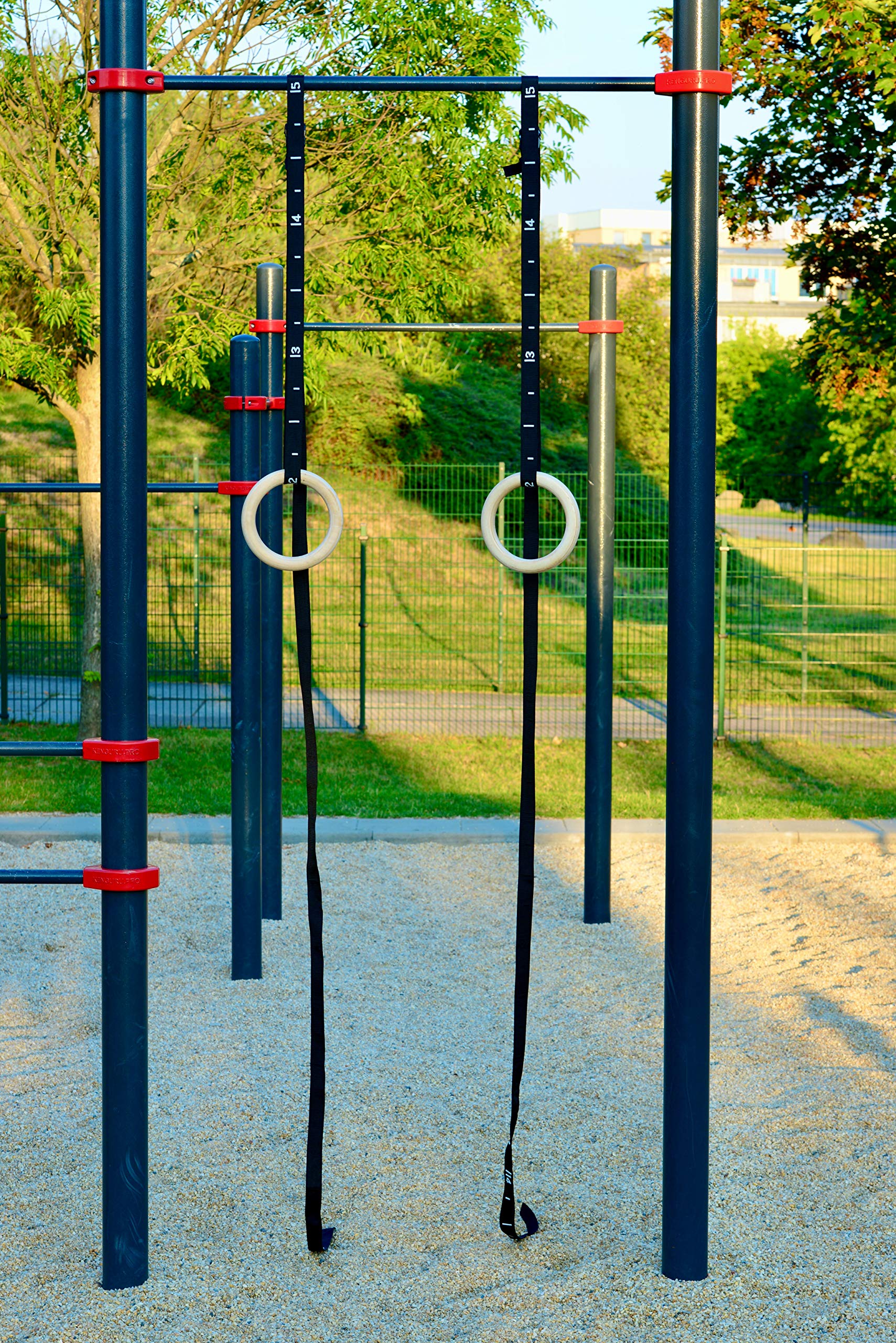 Gymnastikringe aus Holz 32mm / hochwertige Turnringe Outdoor & Indoor/belastbare Gurte mit innovativem Schnellverschlusssystem/Sport Ring Bänder mit Skalierungen