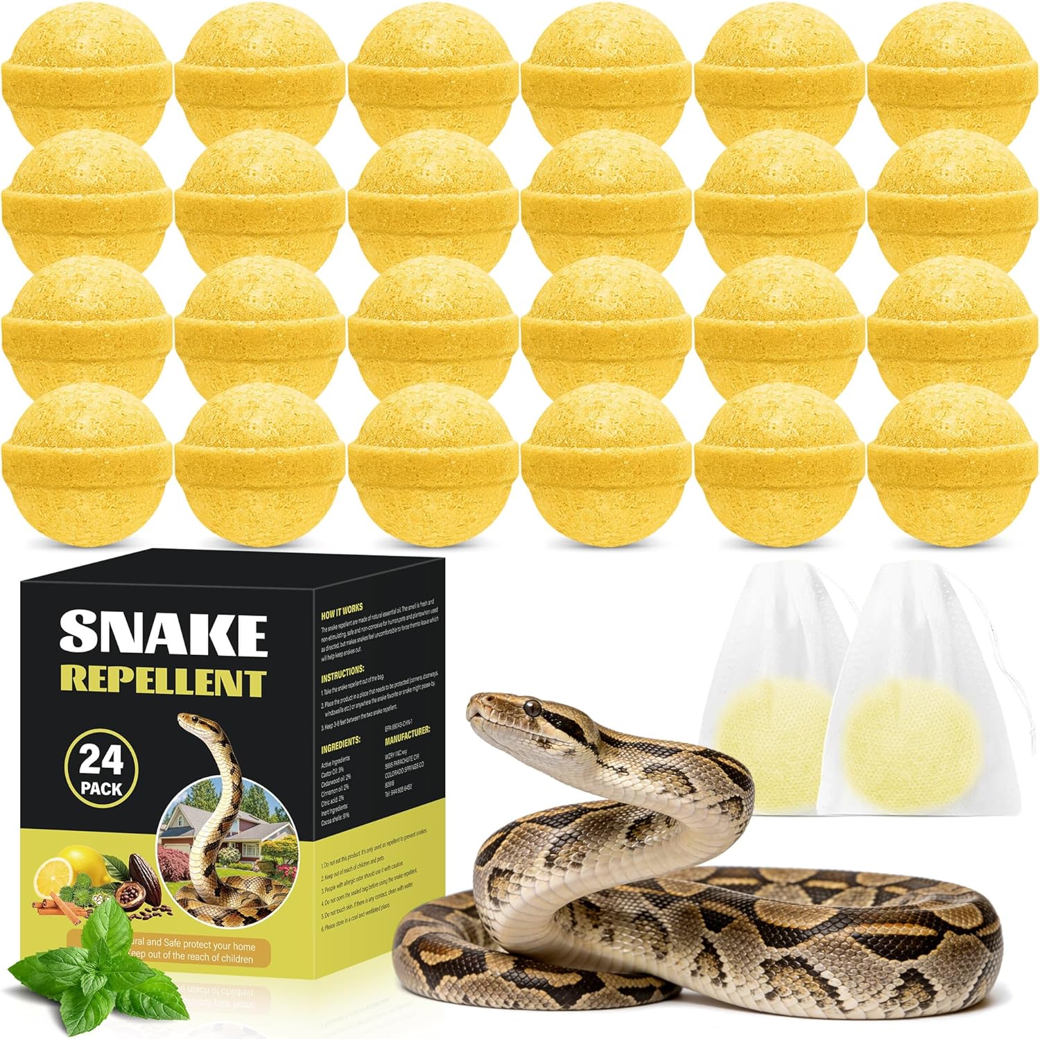 24 Pack Snake Repellent Balls, Natural Snake Deterrent for Yard, Garden & Garage, Long Lasting Outdoor & Indoor Snake Repellent, Safe for Pets & Kids, Easy to Use