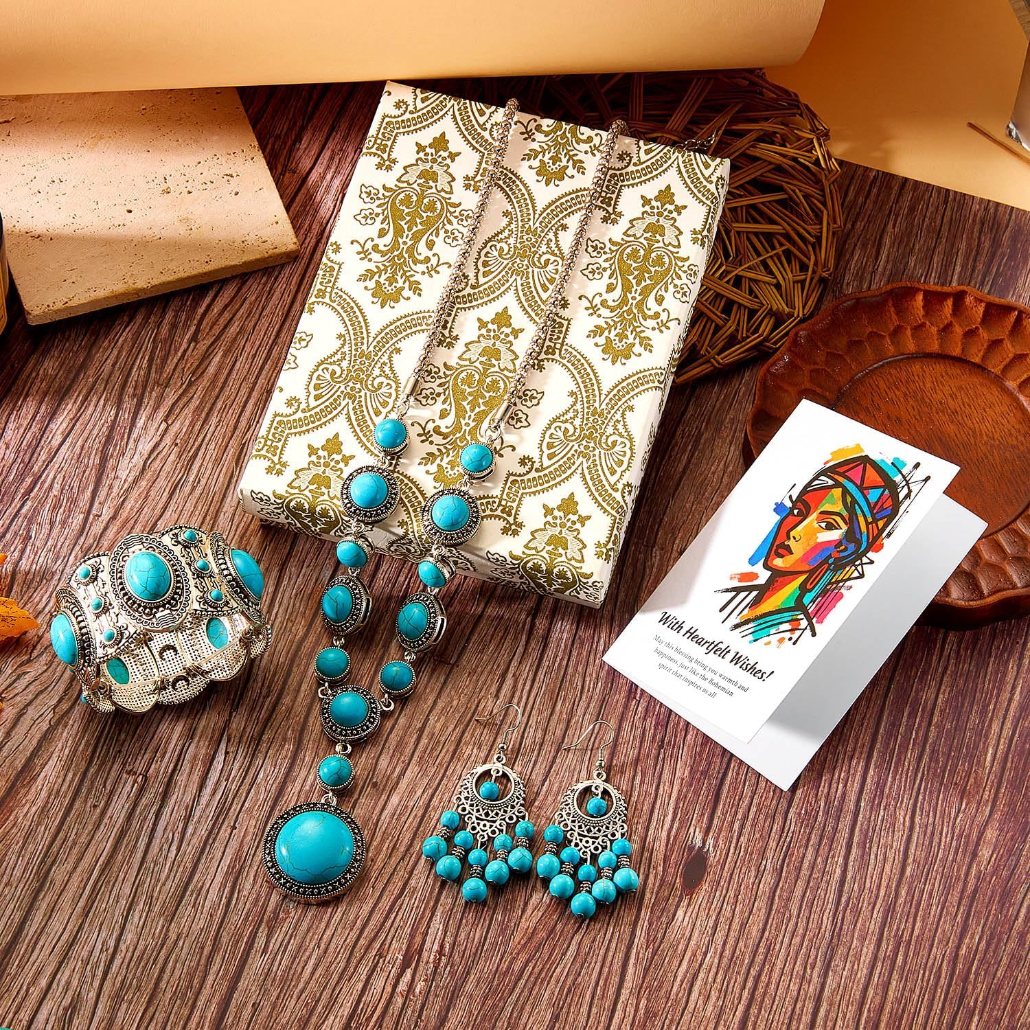 RINHOO FRIENDSHIP Bohemian Western Turquoise Jewelry Set for Women - 3 PCS Vintage Necklace Earrings Bracelet (Assorted Colors & Shapes) Cowgirl Country Concert Accessories Gift - Image 4