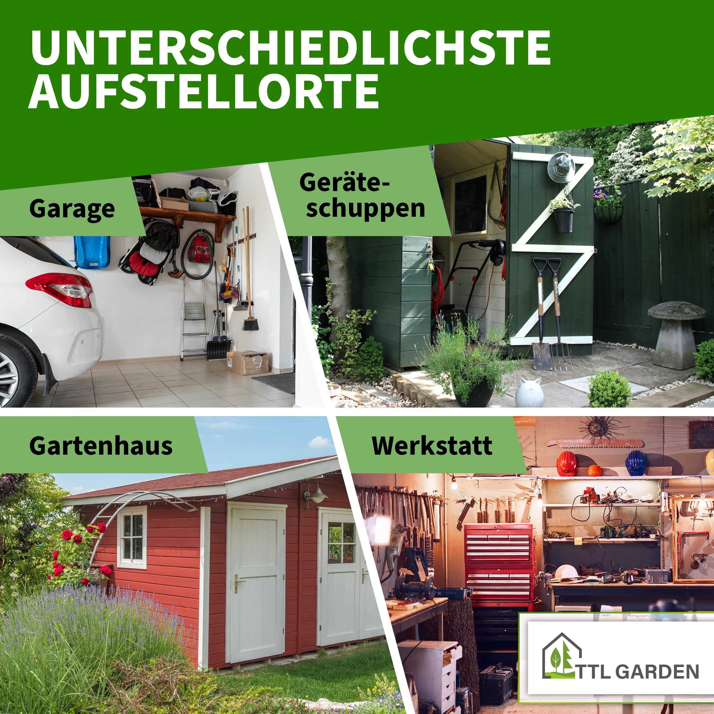 TTL GARDEN Gartengeräte Ständer rechteckig 61x58x31cm grün - 28 Fächer Gerätehalter & Organizer zur Aufbewahrung von Besen Spaten Rechen & Garten Werkzeug - für Gartenhaus Schuppen & Garage
