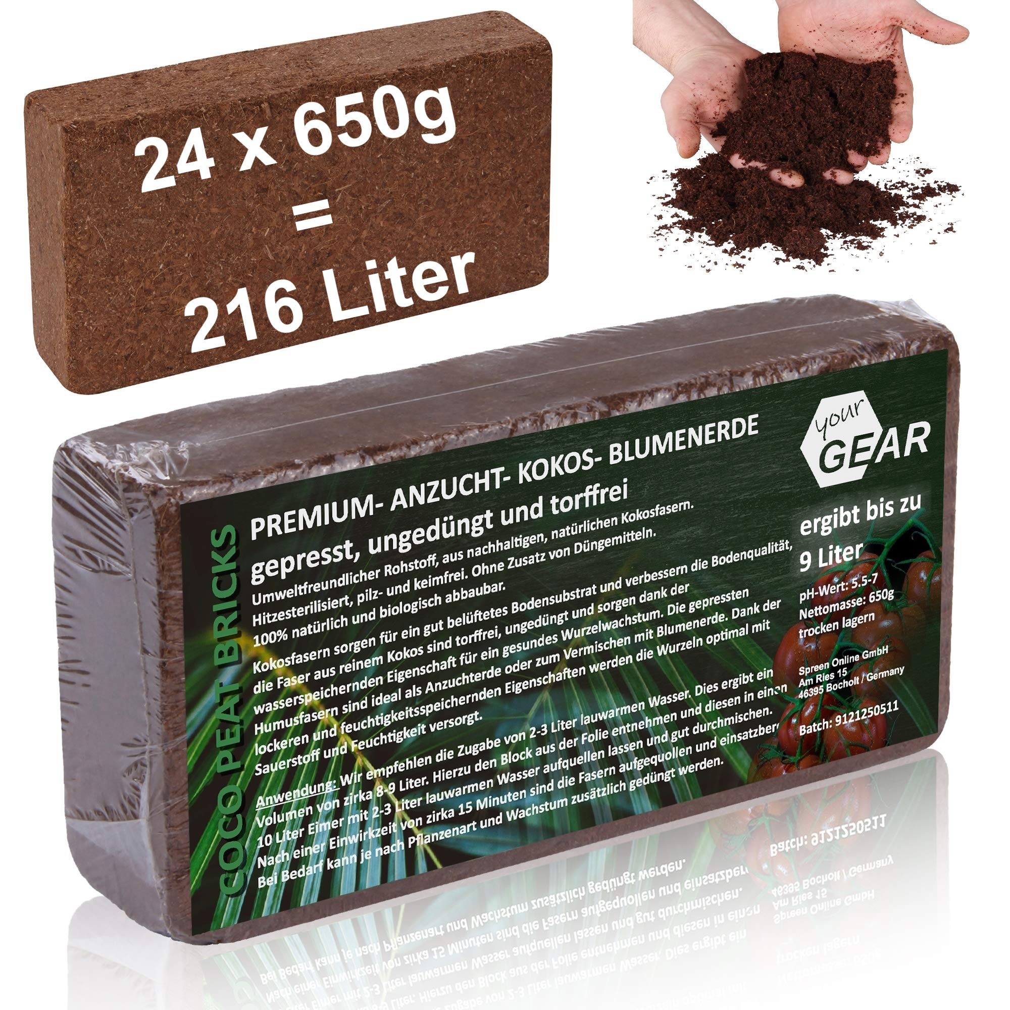 yourGEAR feinkörnige Kokoserde 216 L - 24x650g gepresste Blumenerde nachhaltige Aussaaterde aus Kokosfasern 100% Bio ungedüngt torffrei
