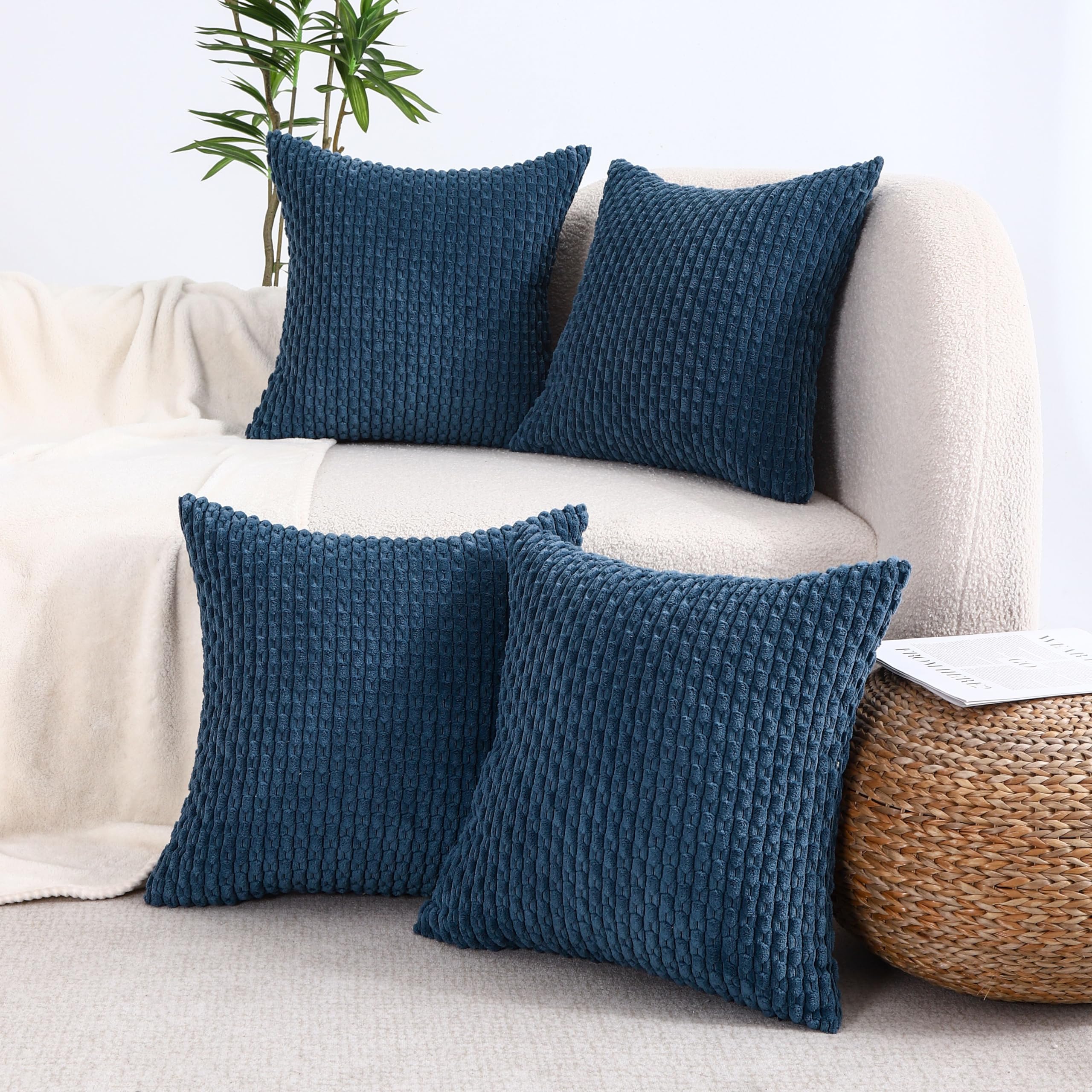 VAKADO Dark Blue Decorative Throw Pillow Covers 20x20 Set of 4 Couch Corduroy Neutral Home Living Room Farmhouse Rustic Cushion Case Decor Boho Square for Bed Sofa — image 1