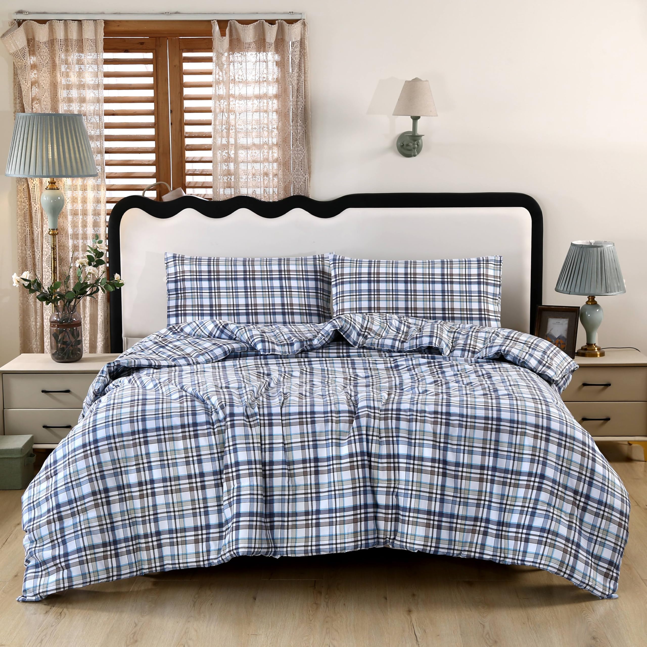 SDIII 3PCS Blue Gingham Queen Comforter Set 100% Washed Microfiber Lightweight Soft Blue Gingham Bedding Queen Farmhouse Shabby Chic Checkered