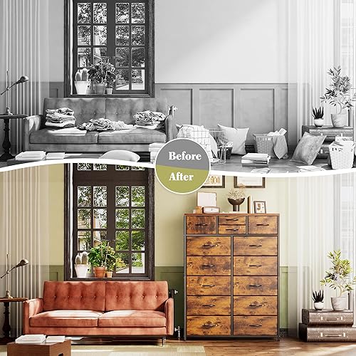 Miniatura 5 de EnHomee Cómoda de 14 cajones, cómodas altas para dormitorio, cómodas y cómodas, marco de metal resistente y parte superior de madera, fácil montaje,