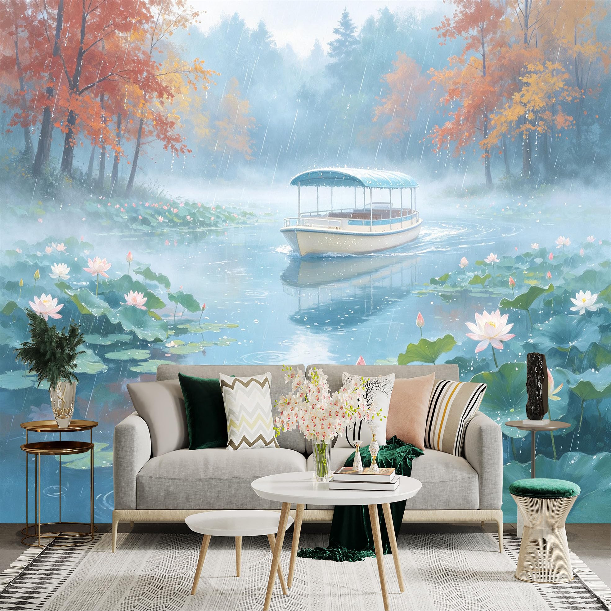 Custom Size Wall Sticker Mural， Rainy Lake with Lotus Flowers， Serene Forest Scenery， Boat on Calm Water， for wall Decoration， peelandstick wall Decals.