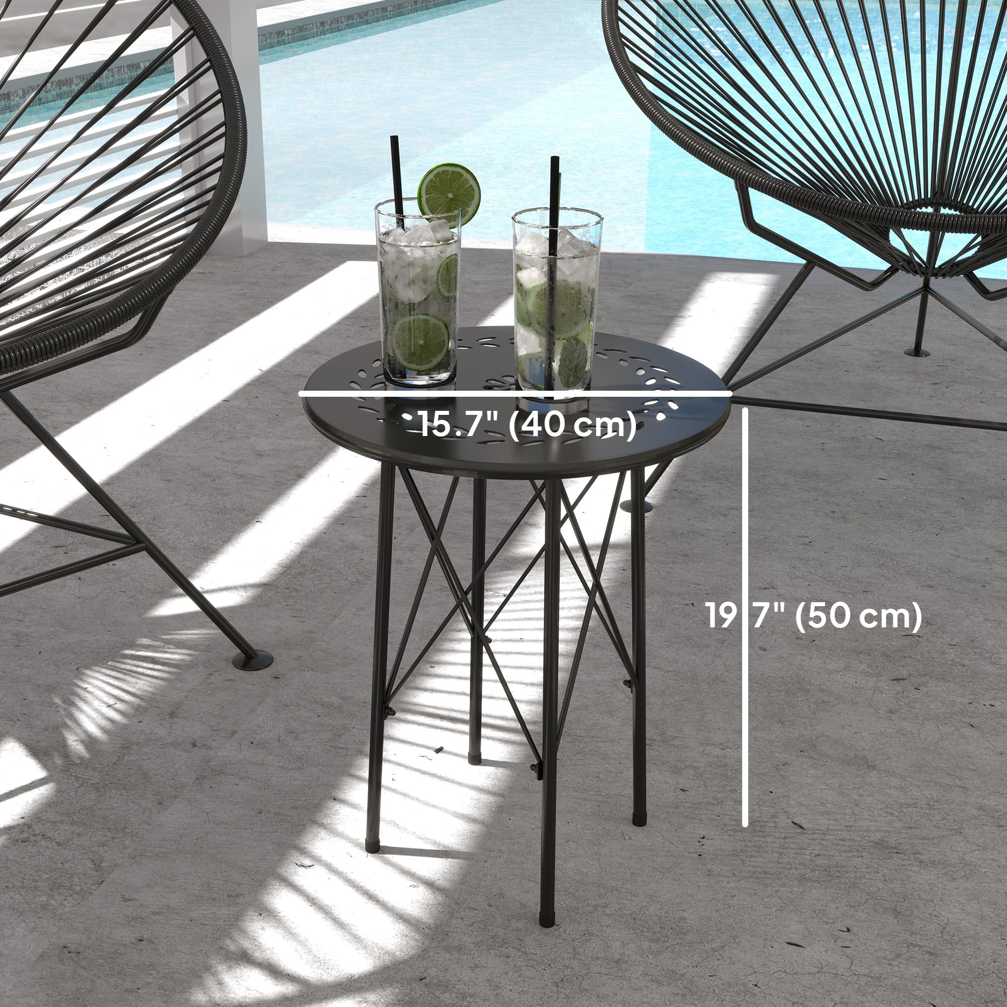 Outsunny 15.7" Round Garden Table with Floral Cut-Out, Steel Balcony Side Bistro Coffee Table, Outdoor Furniture with Adjustable Feet for Patio Garden, Black - 3