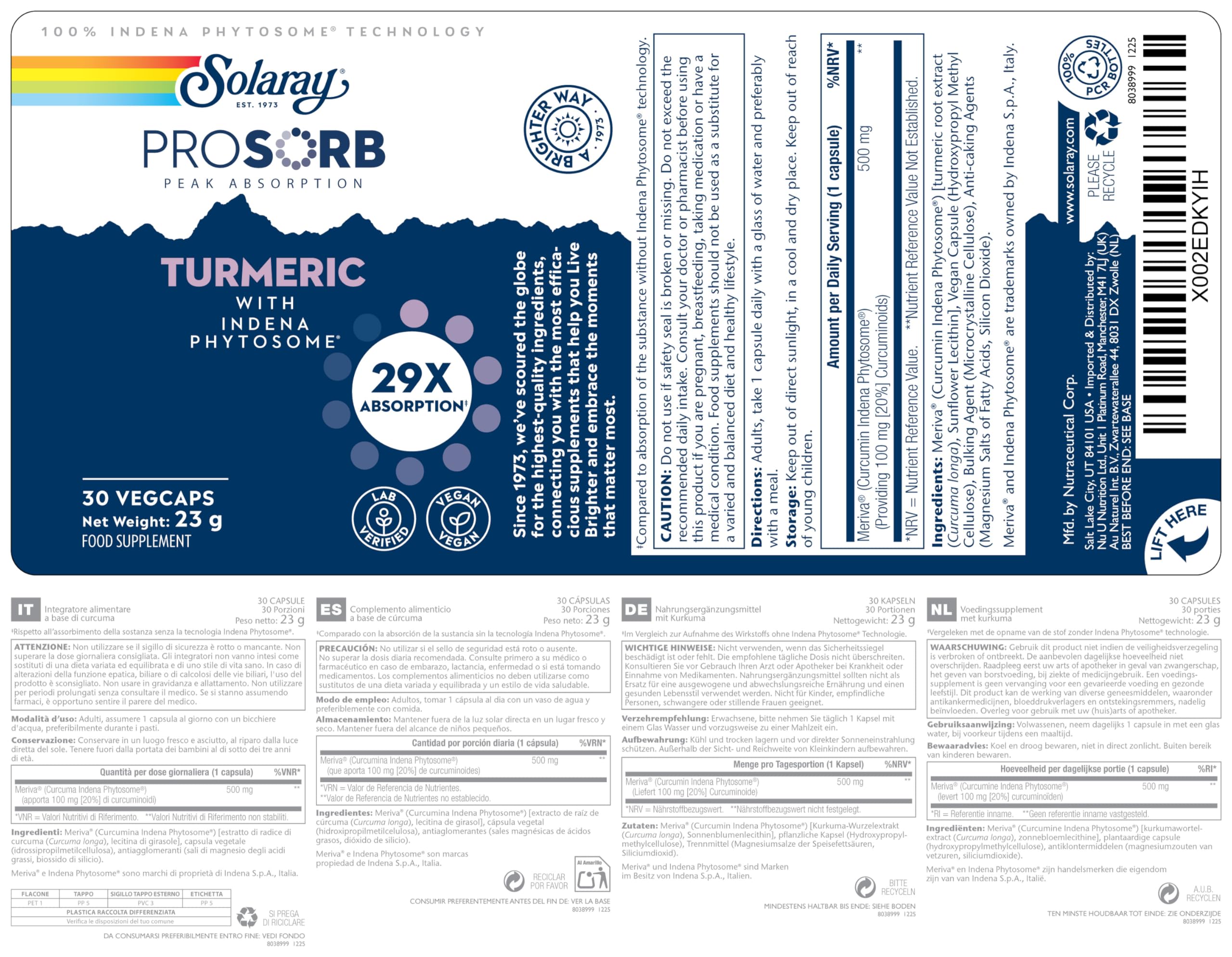 Solaray Curcumina Meriva® Fitosomiale 500mg - 29× più Biodisponibile, Formula Studiata Clinicamente - 30 Capsule Vegane - Verificata in Laboratorio