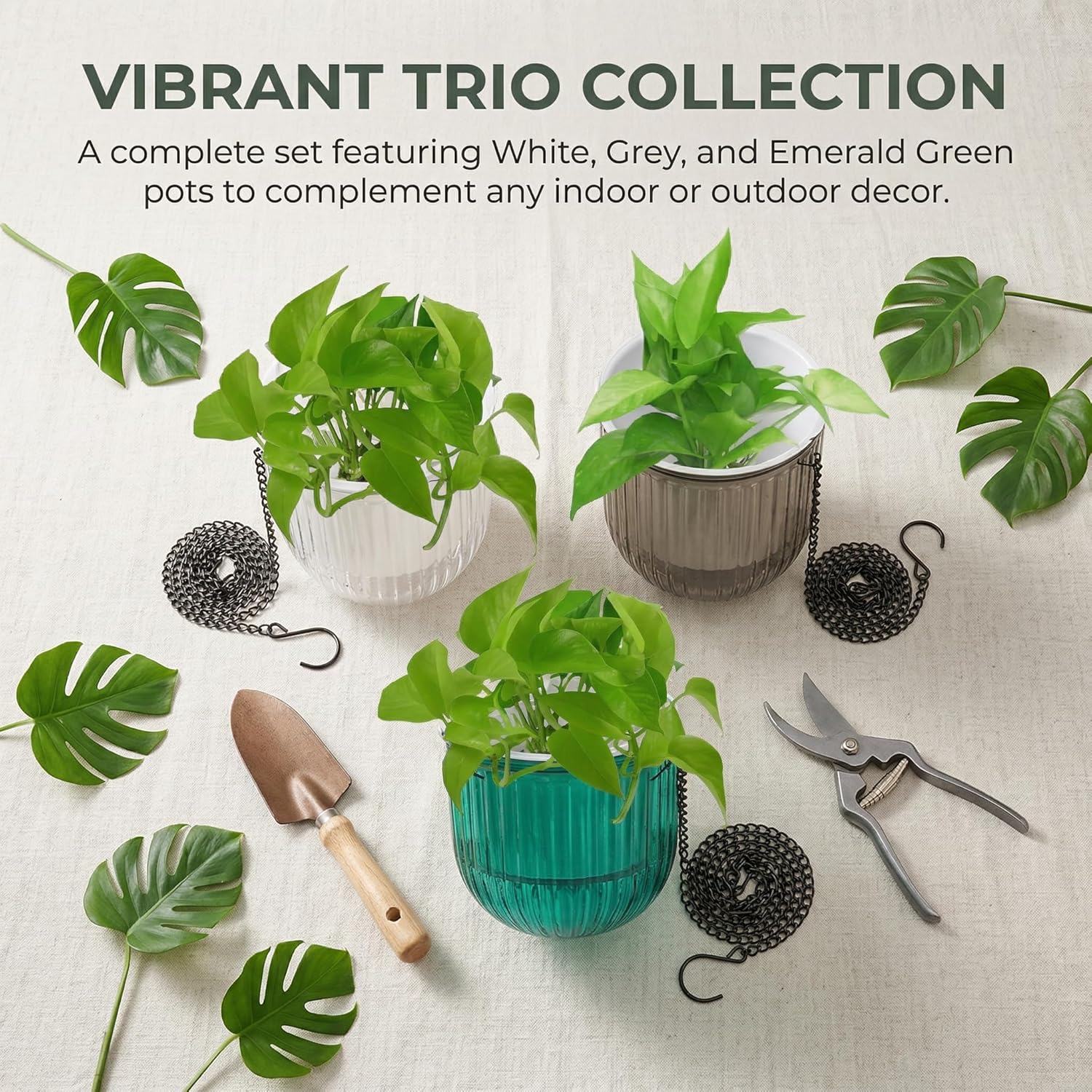 Pumtus 3 Pack Self Watering Hanging Planters, 6.5 Inch Hanging Flower Pot with Drainage Hole, Plastic Hanging Basket with 3 Hooks Chains, Plant Hanger for Indoor Outdoor Plants, Herbs (3 Colors)