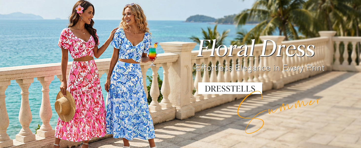 Amazon.com: DRESSTELLS 2 Piece Skirt Set, Women's Summer Outfit 2026,  Floral Matching Top & Long Skirt, Maxi Tropical Boho Vacation Beach Dress  Blue Floral XS : Clothing, Shoes & Jewelry