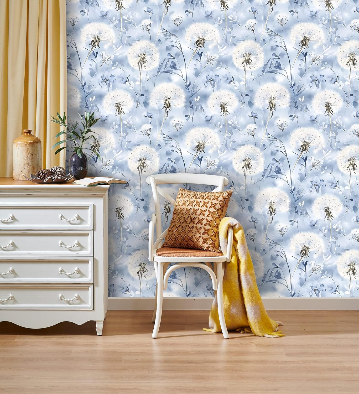 Dandelion Peel and Stick Wallpaper White and Blue Wallpaper Self-Adhesive Vinyl Wall Paper for DIY Home Decor 17.7in x 118in