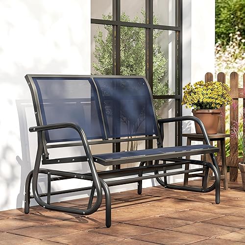 Miniatura 8 de Outsunny Banco planeador para 2 personas para exteriores, silla mecedora doble para patio, sofá biplaza con marco de acero recubierto de polvo para
