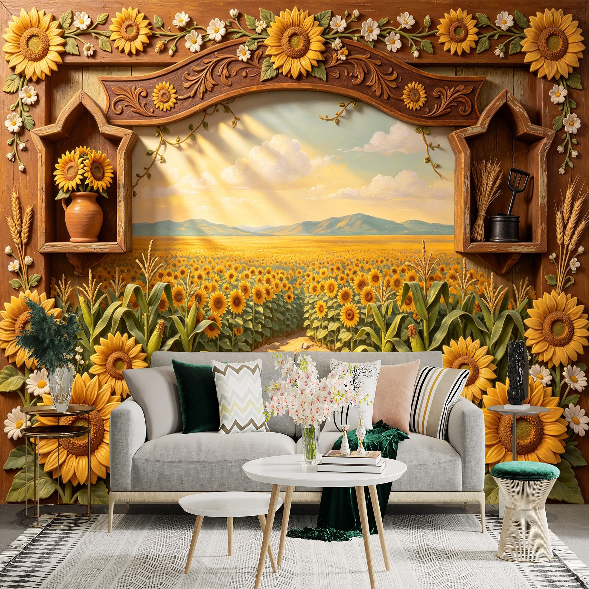 Lnzczhyre Bh260719519 Custom Size Wall Sticker Mural， Rustic Sunflower Field， Farmhouse Floral Scene， Wooden Frame Aesthetic， Countryside Nature View， For Wall Decoration， Peelandstick Wall Decals.