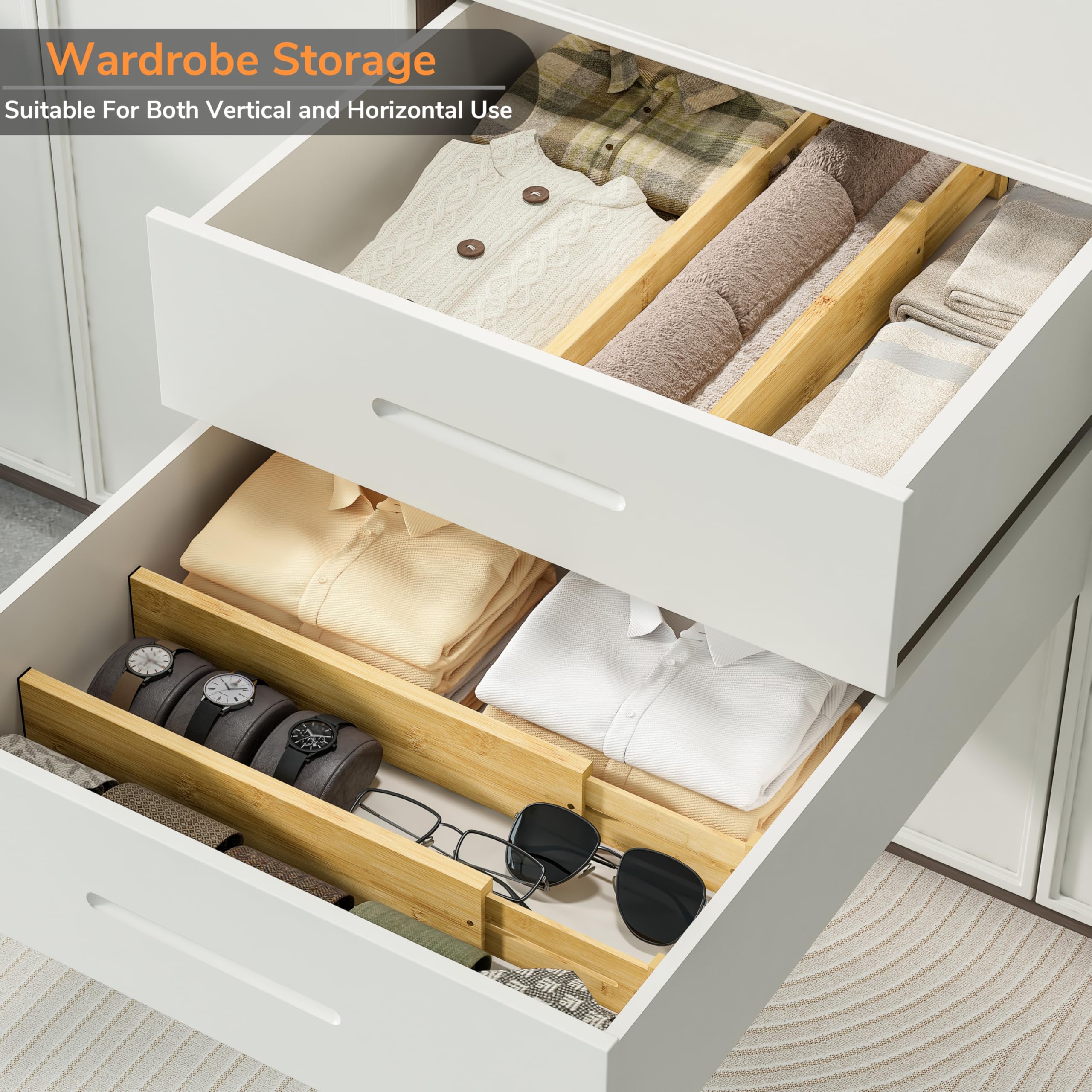 BAMEOS Große Bambus-Schubladenteiler, 7,6 cm, verstellbare Schubladenorganisation, erweiterbar, Utensilien-Organizer für Küche, Kommode, Badezimmer, Schlafzimmer und Büro, 4 Stück