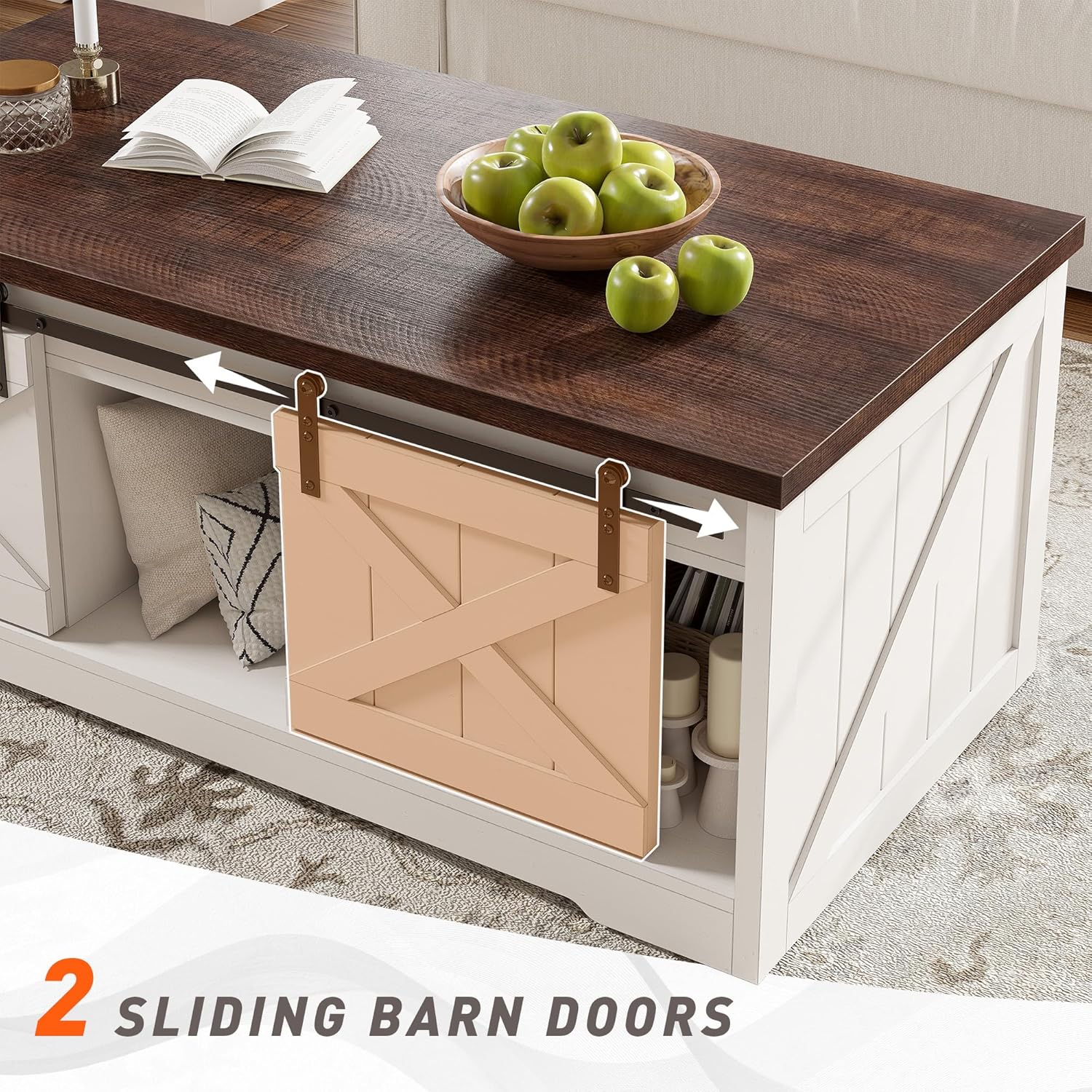White and Natural Wood Lift-Top Coffee Table with Sliding Barn Doors