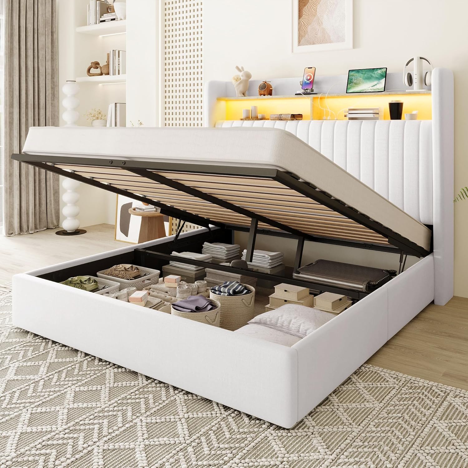 Allewie Queen Size Lift Up Hydraulic Storage Bed Frame,